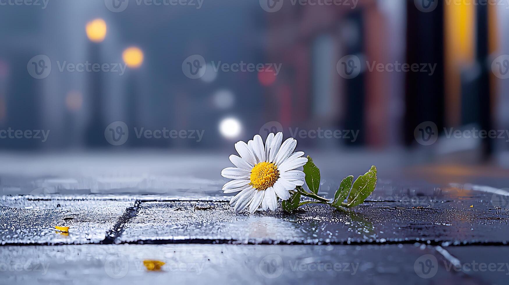 A single daisy is sitting on the ground in the rain photo