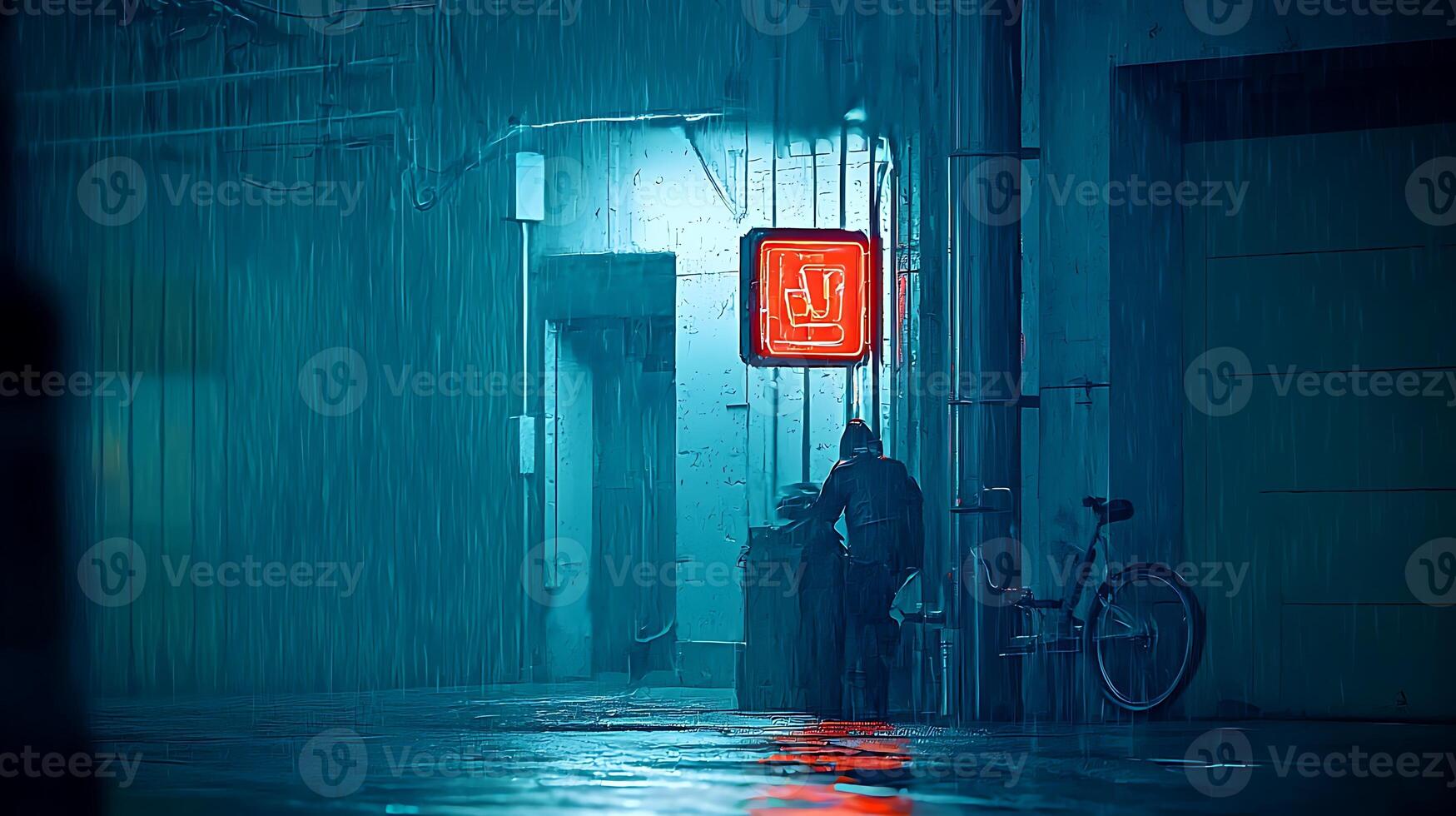 A man standing in the rain with a red sign photo