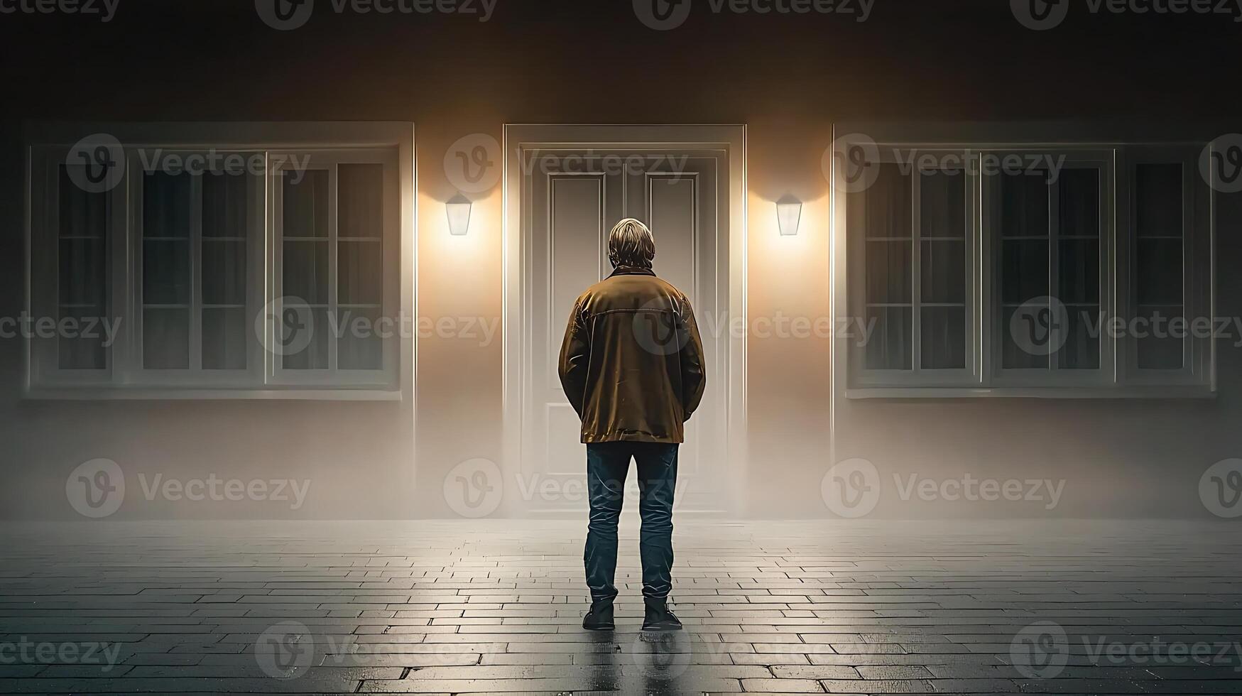 A man standing in front of a house at night photo