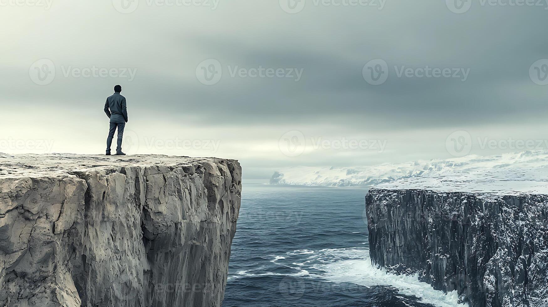 A man standing on the edge of a cliff looking out over the ocean photo