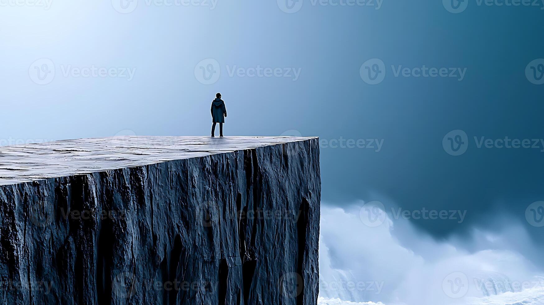 A man standing on a cliff looking out over the ocean photo