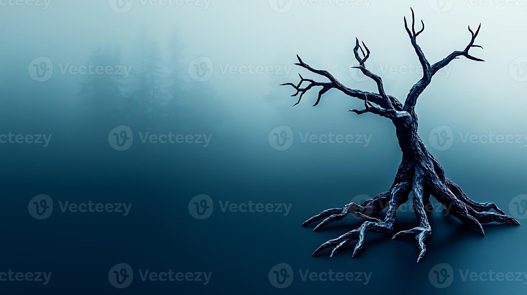 A dead tree in the fog with a foggy background photo