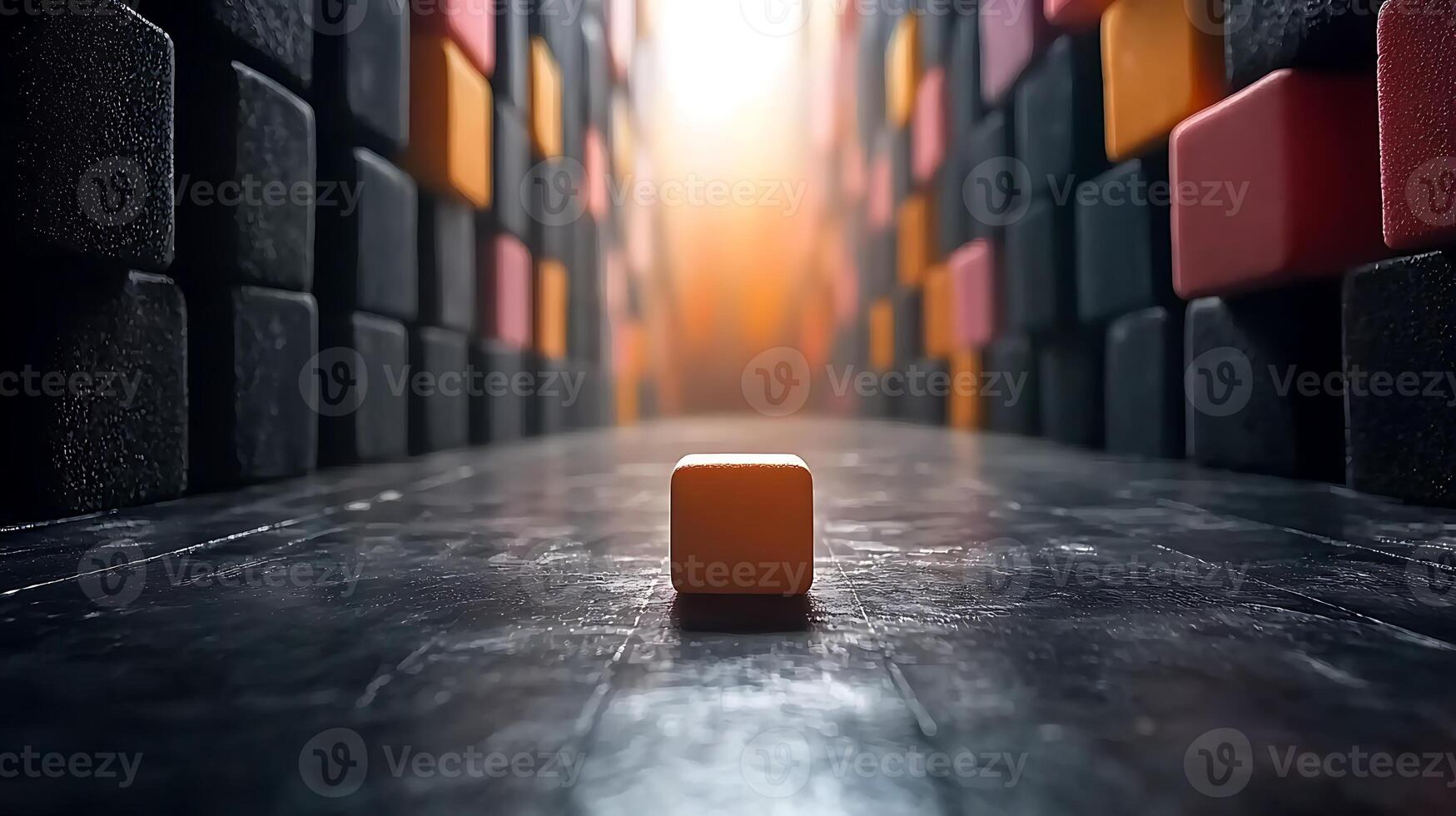 A cube is standing in front of a wall with a light shining through it photo