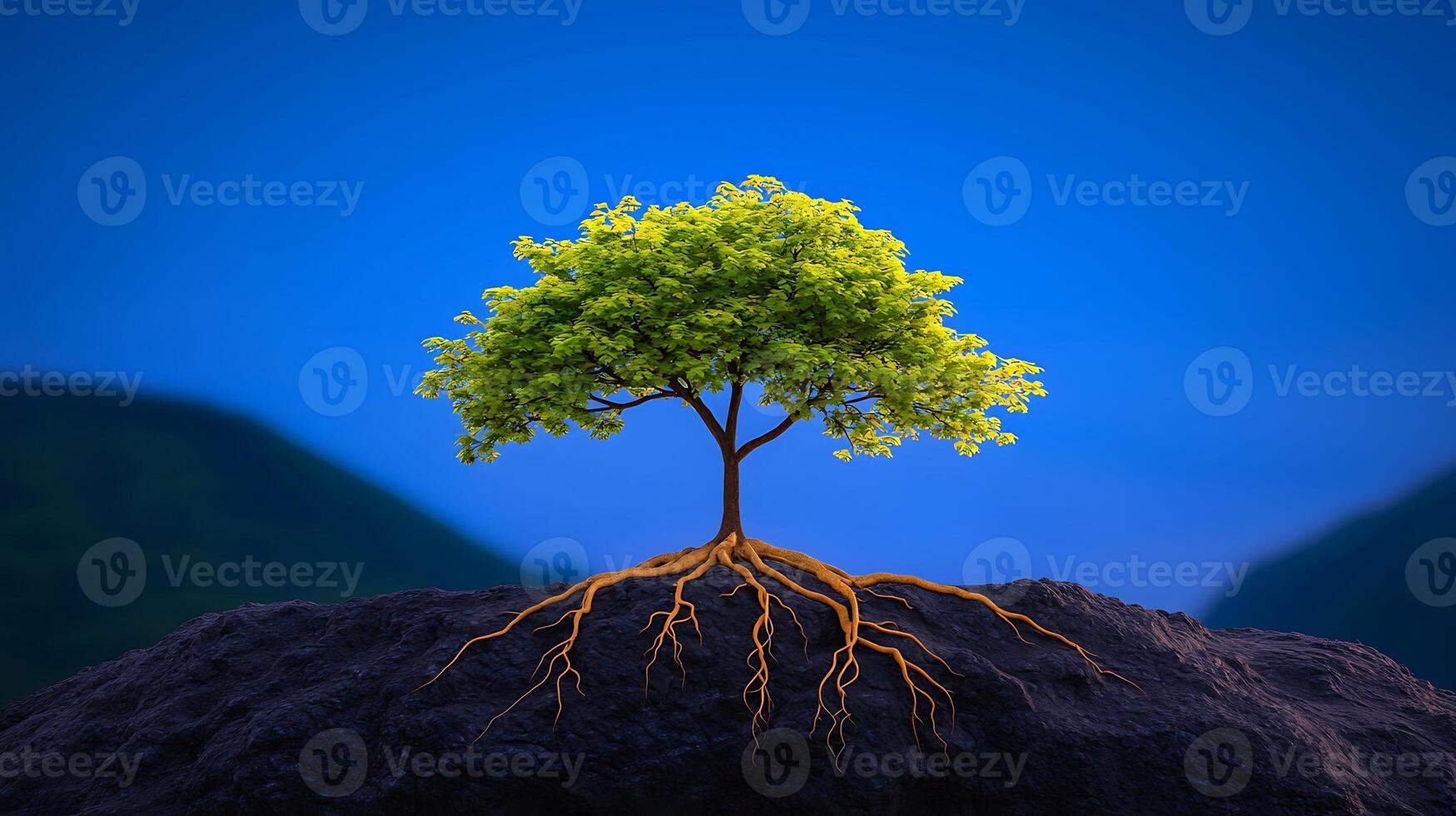 Tree with roots on rock with mountains in background photo
