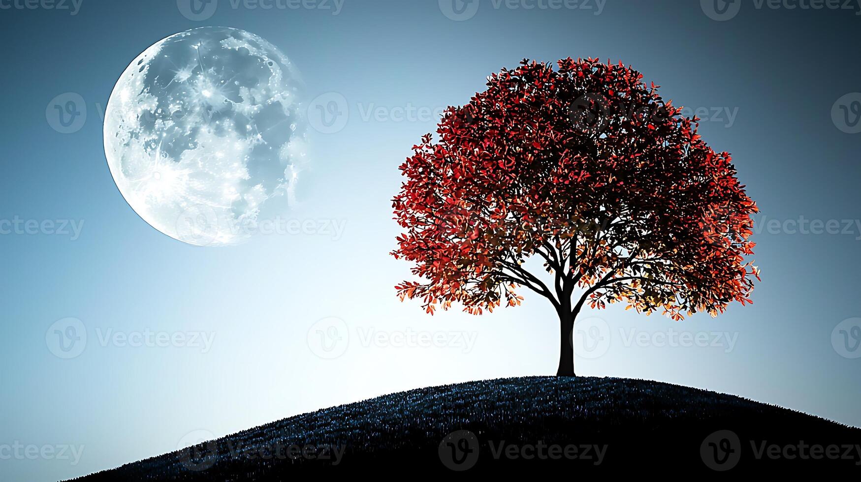 A tree with a red leaf and a full moon photo