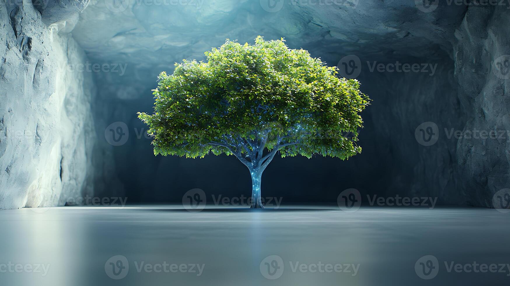 A tree is standing in a cave with light coming from the top photo