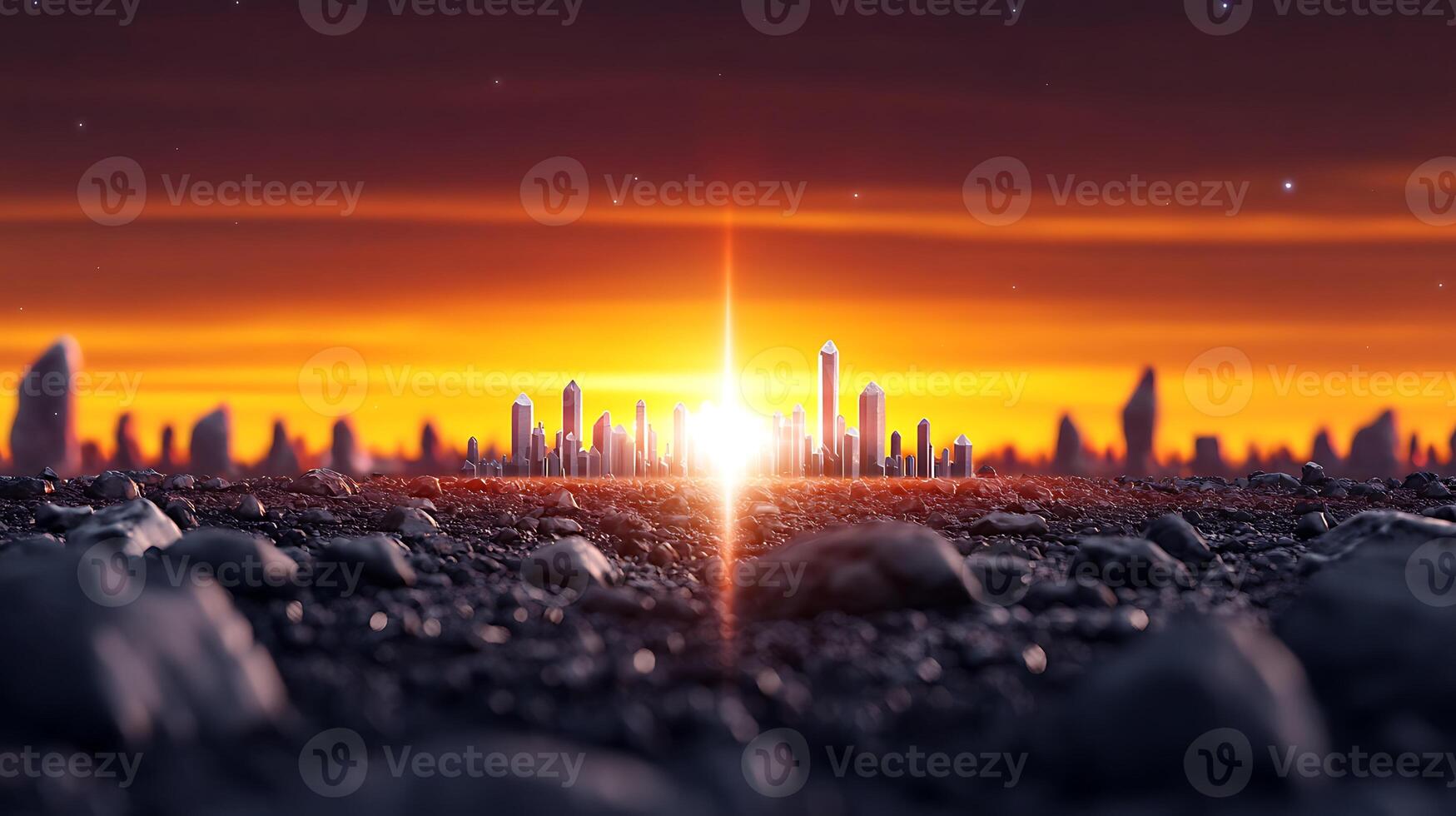 An image of a city with a sunset in the background photo