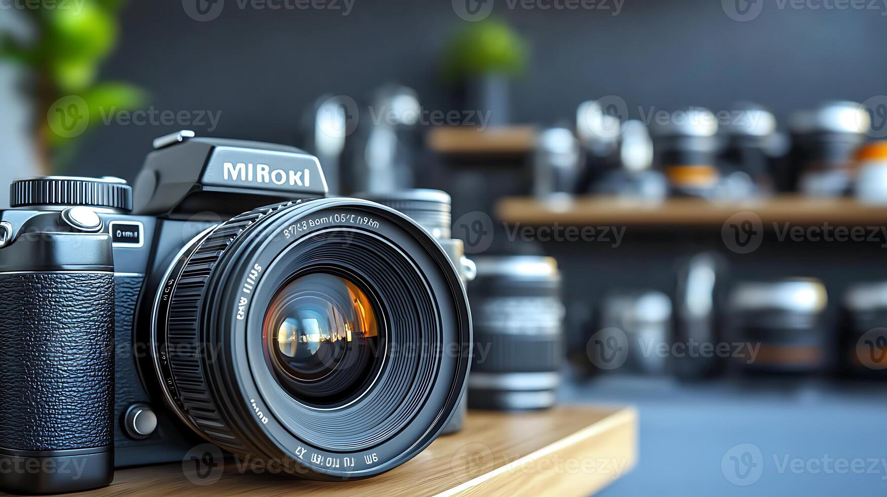 A camera is sitting on a table with a lens photo