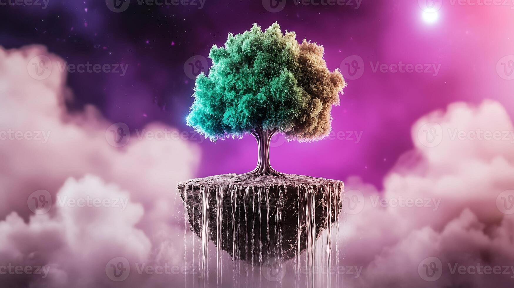 A tree floating in the air with clouds and stars photo