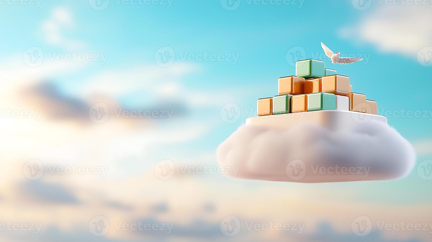 A bird is flying over a cloud with boxes on it photo
