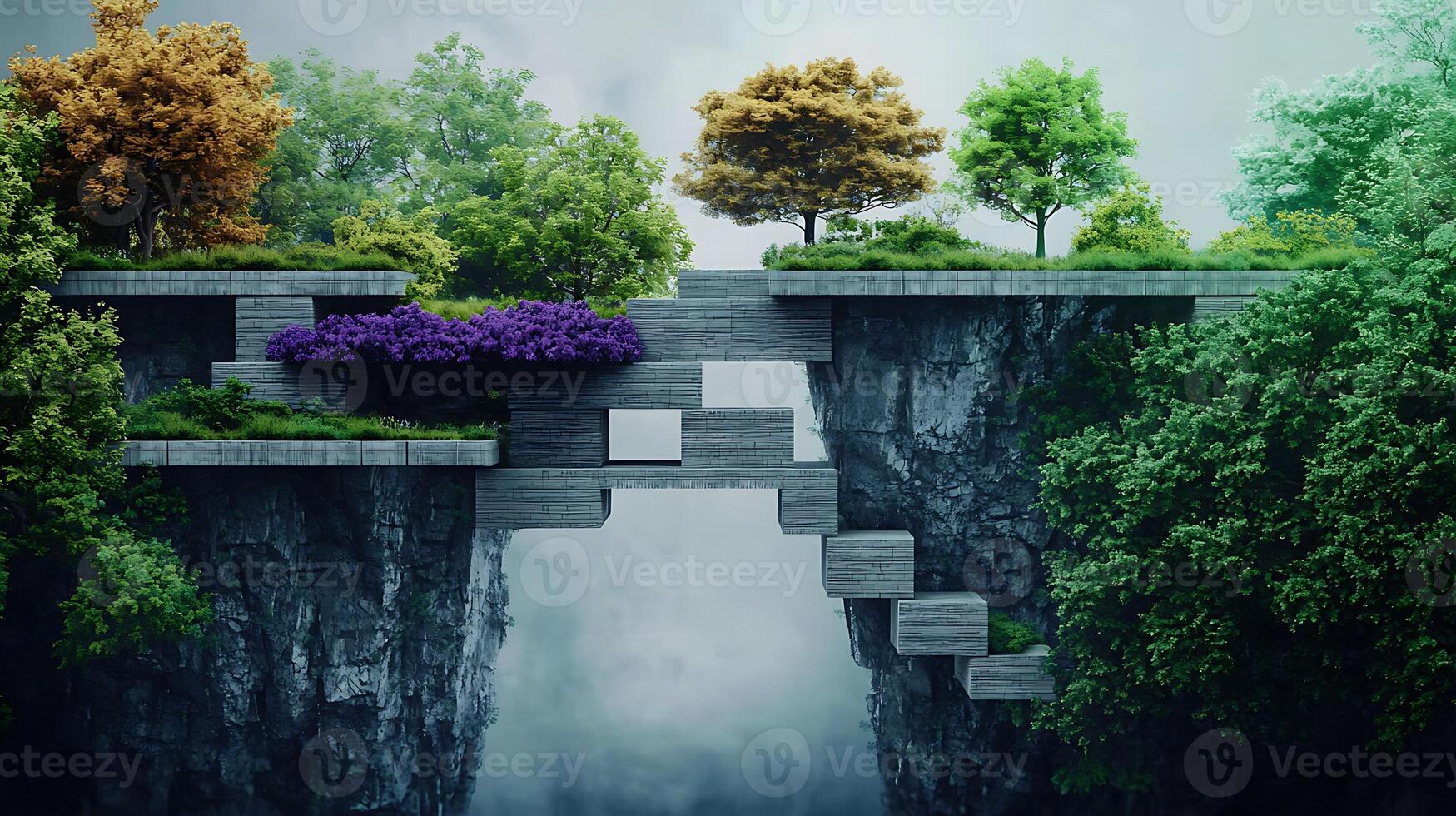 A bridge over a waterfall with trees and flowers photo
