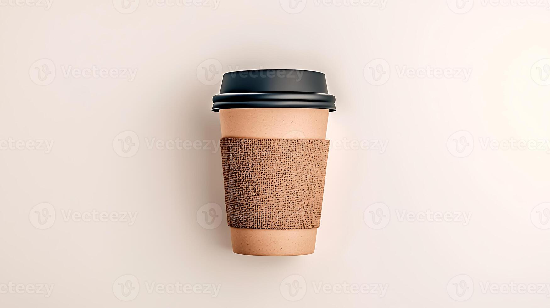 A coffee cup with a brown sleeve on a white surface photo