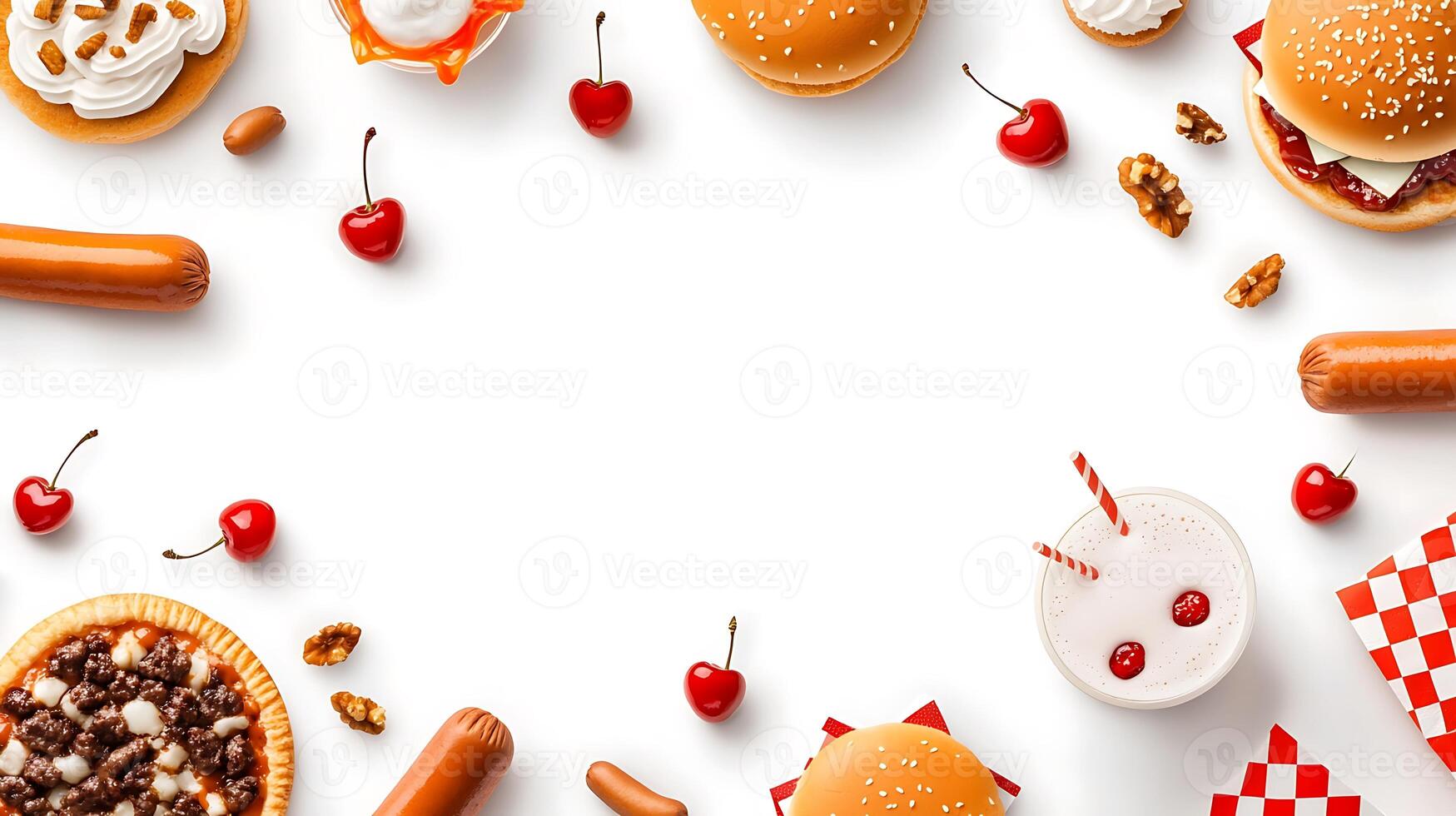 Various fast food items arranged in a circle photo