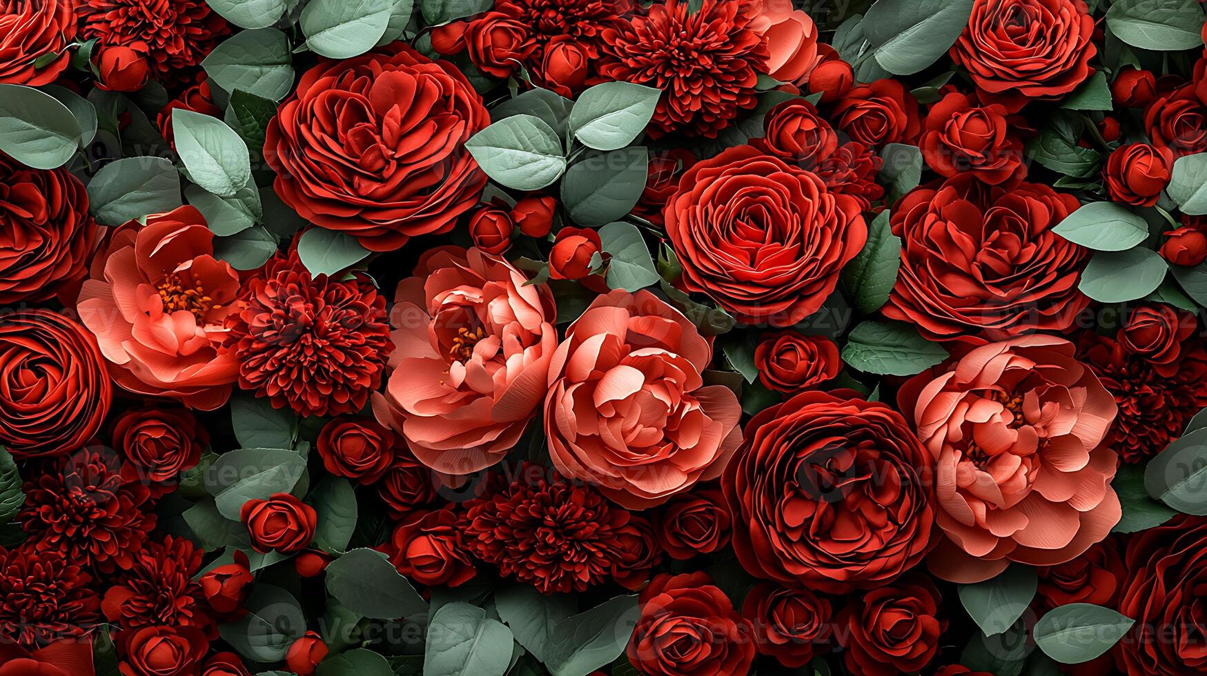 A large group of red roses and green leaves photo