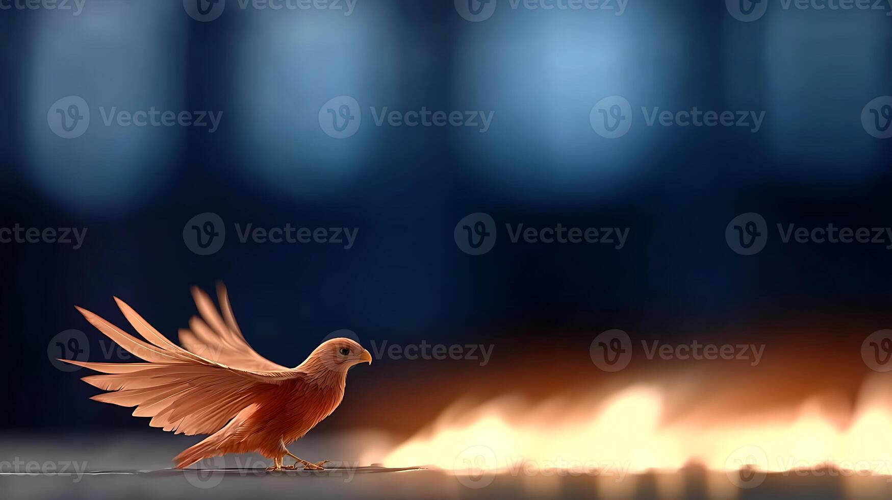 A bird is standing on a fire with its wings spread photo