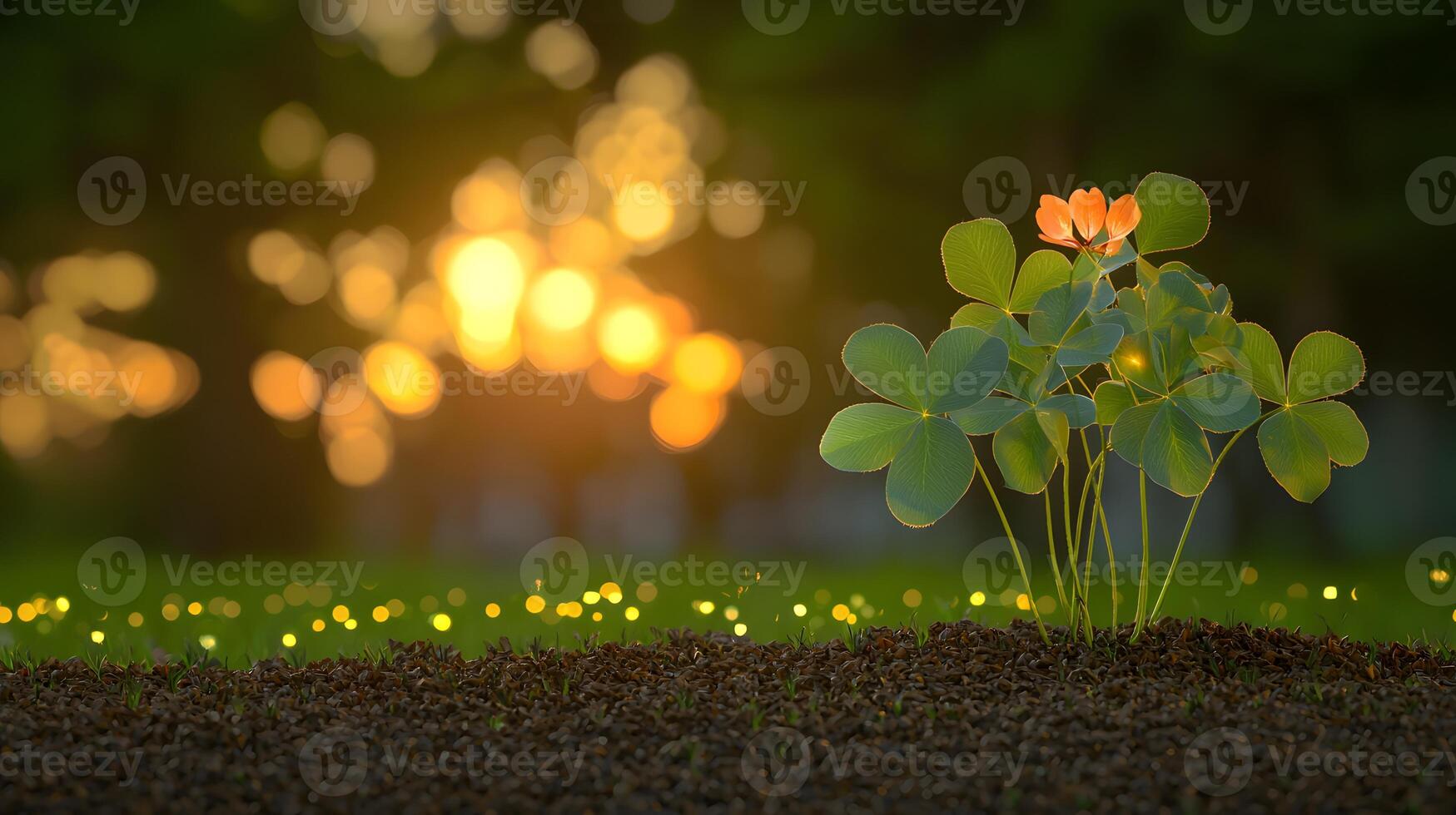 A clover plant growing in the grass with a sun setting behind it photo