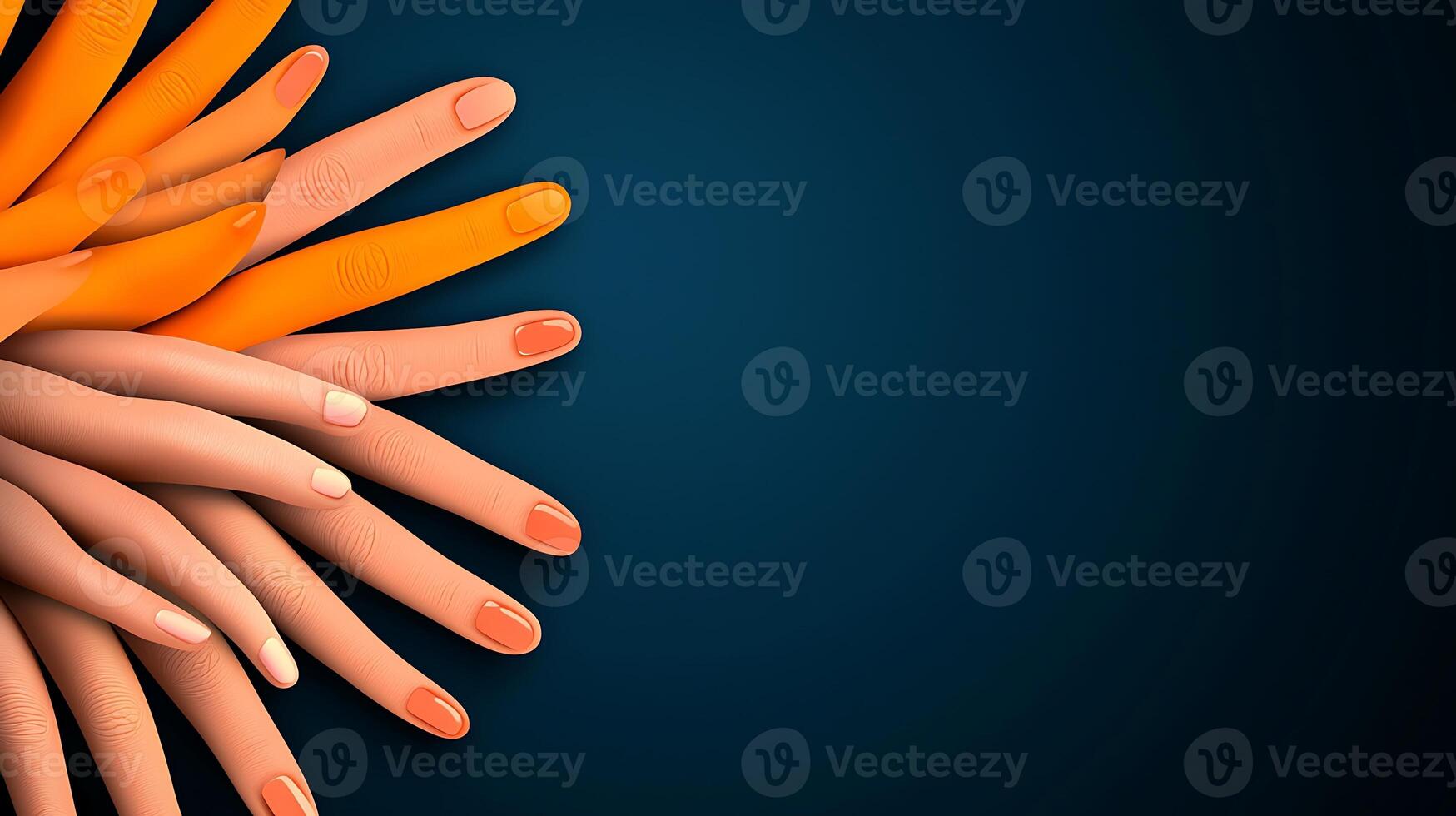Many hands with orange and white fingers on a dark background photo