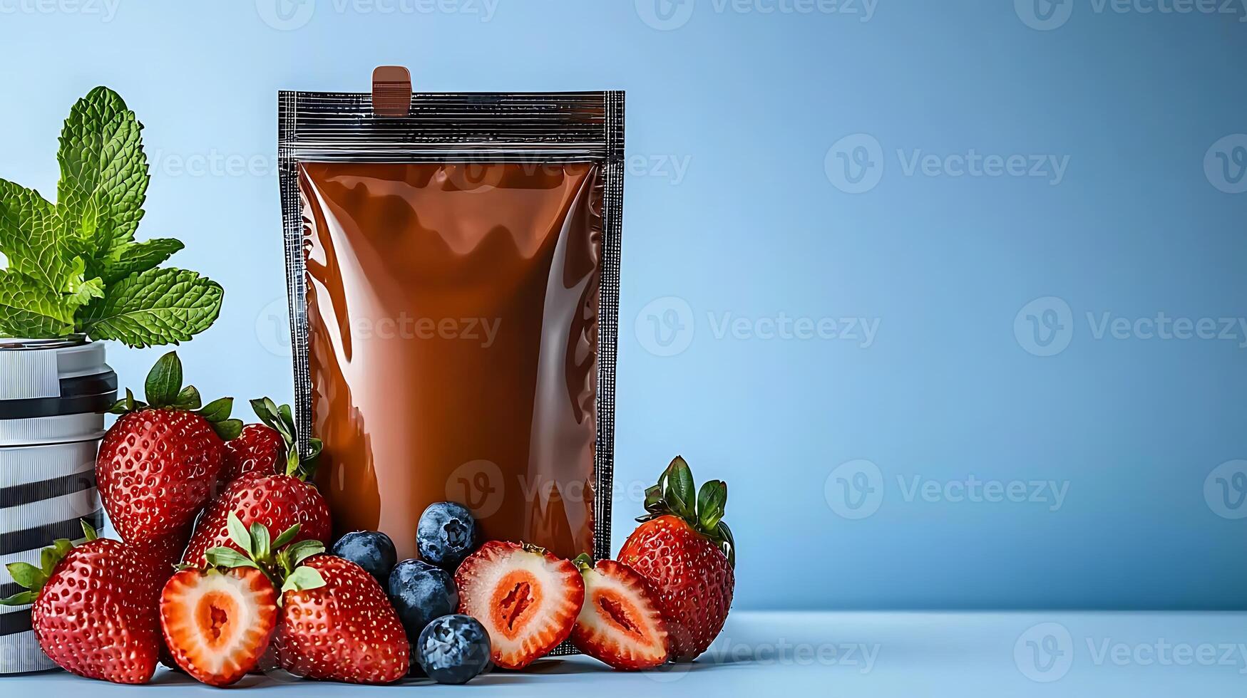 Chocolate and berries in a bag with a straw photo