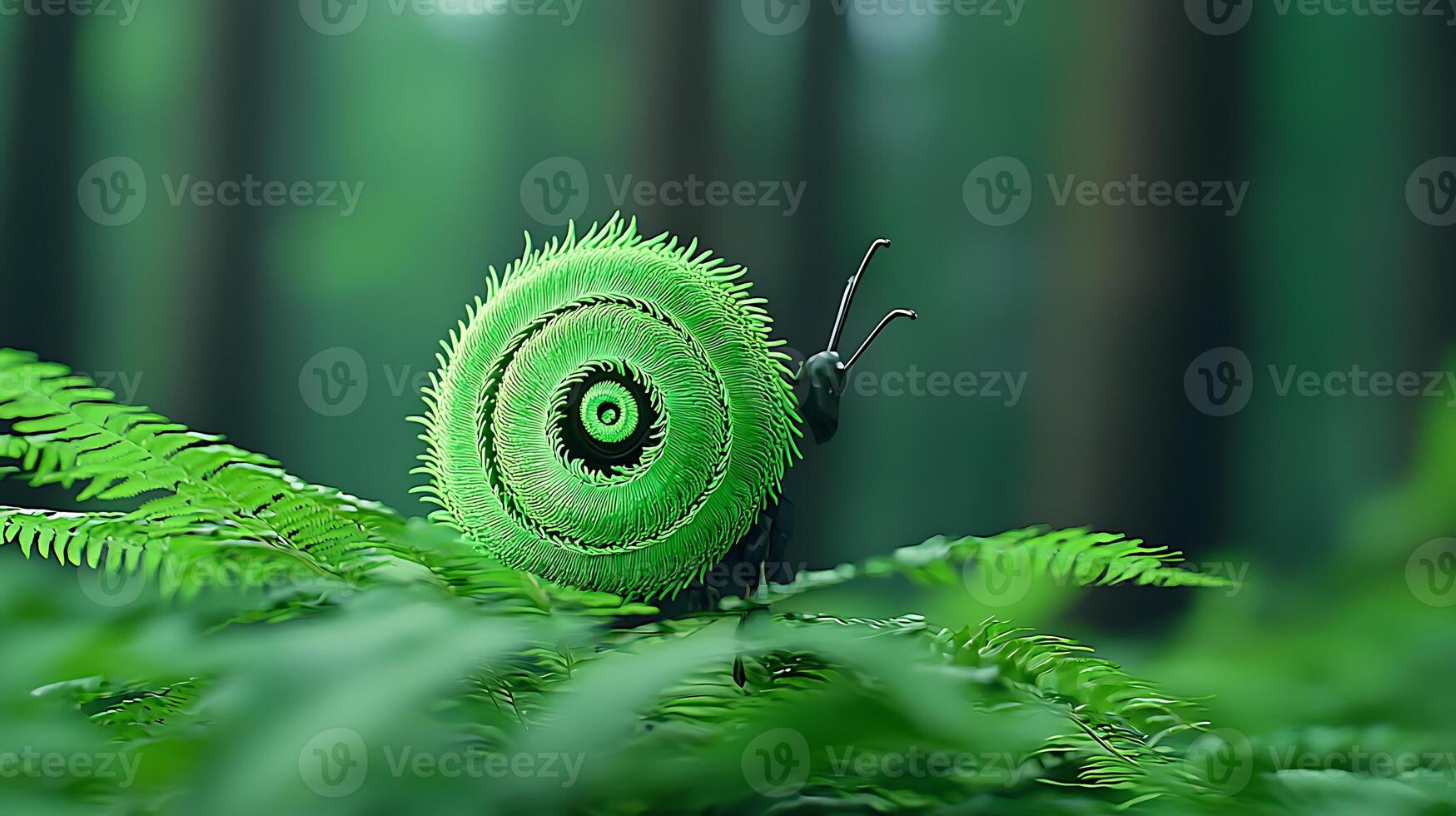A green snail on top of a fern in the forest photo