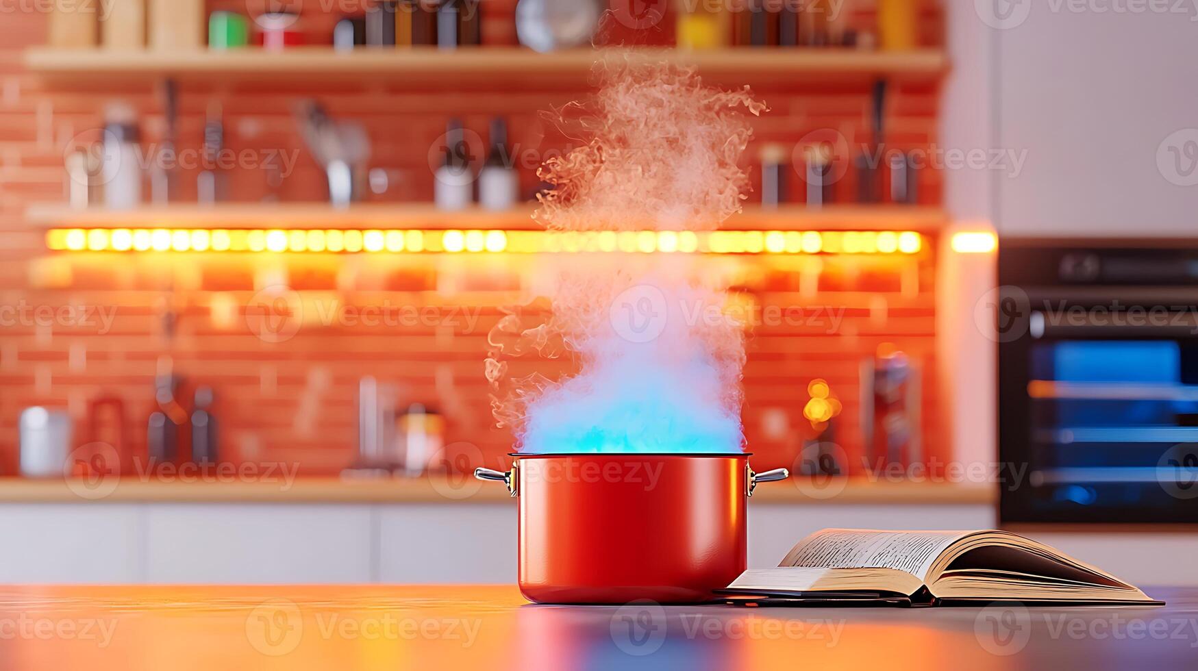 A pot with steam coming out of it on a counter photo