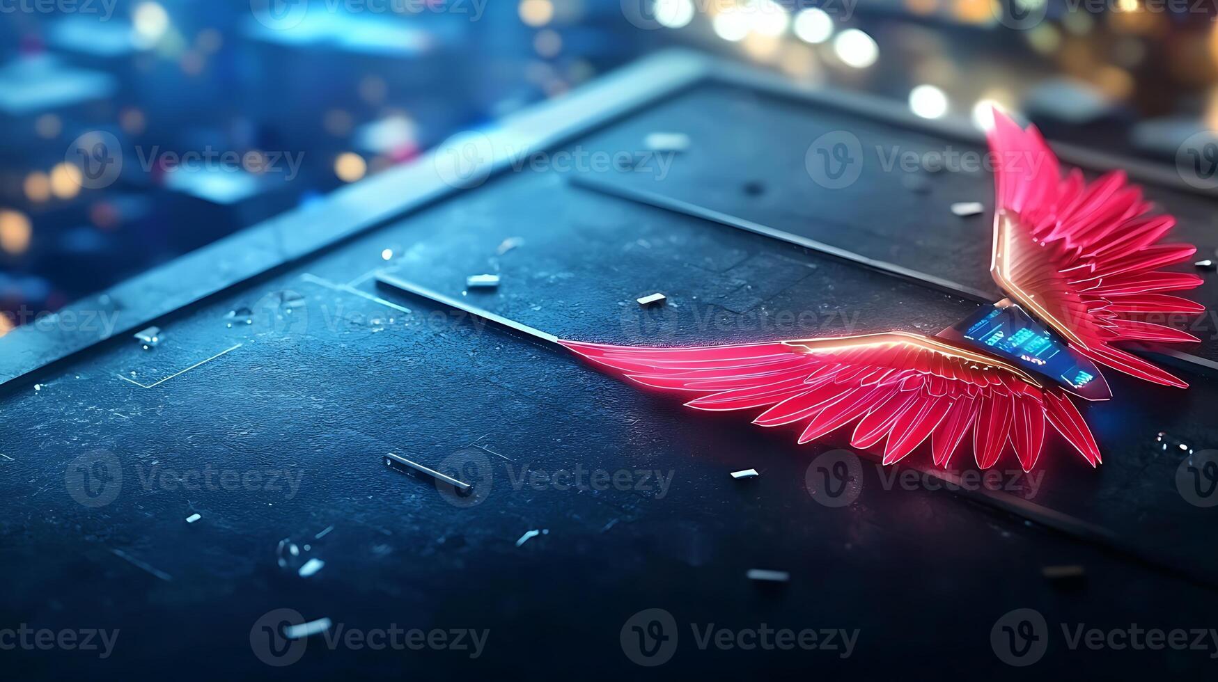 A pink winged bird on top of a metal box photo