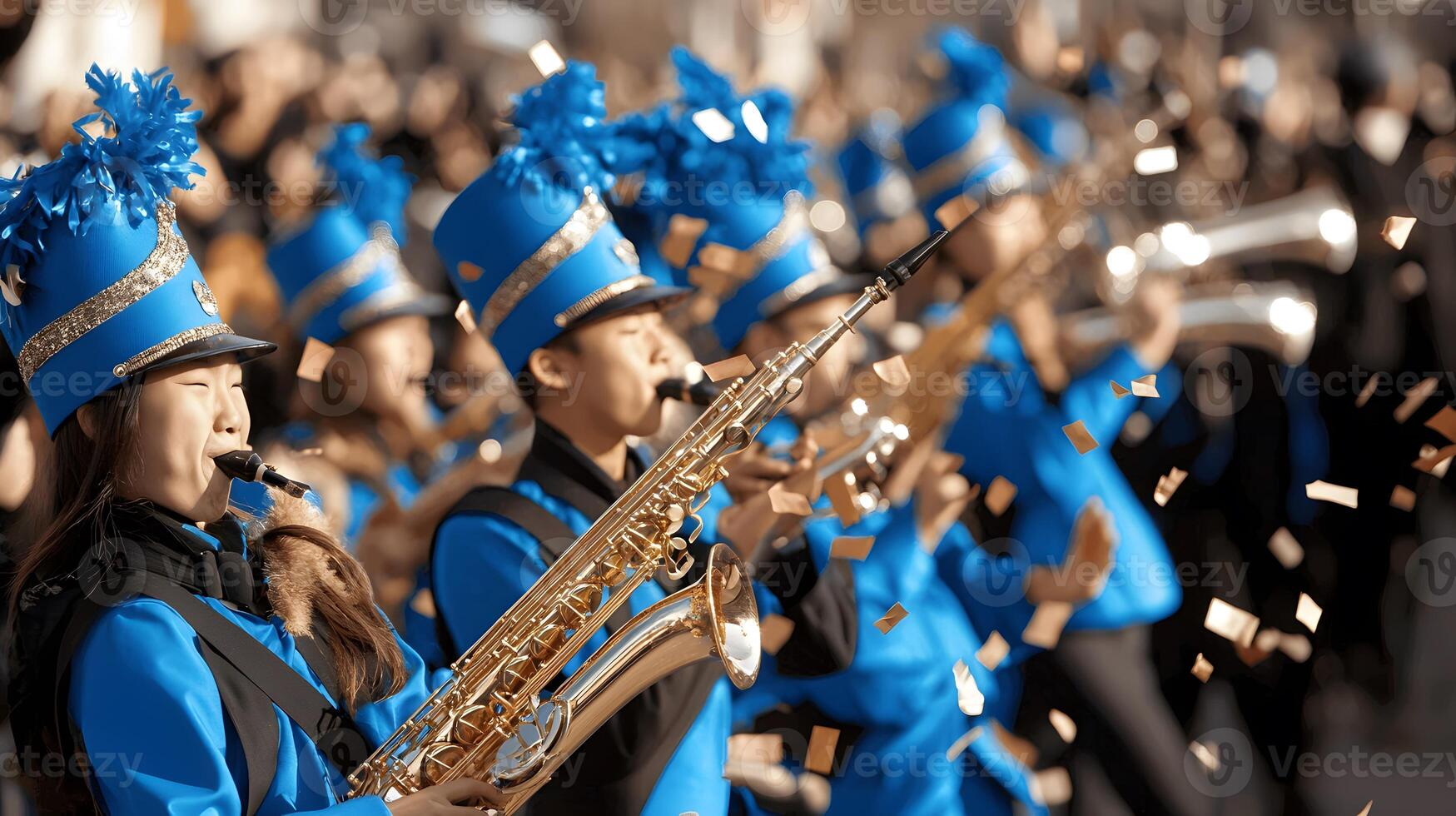 A group of people in blue uniforms playing instruments photo