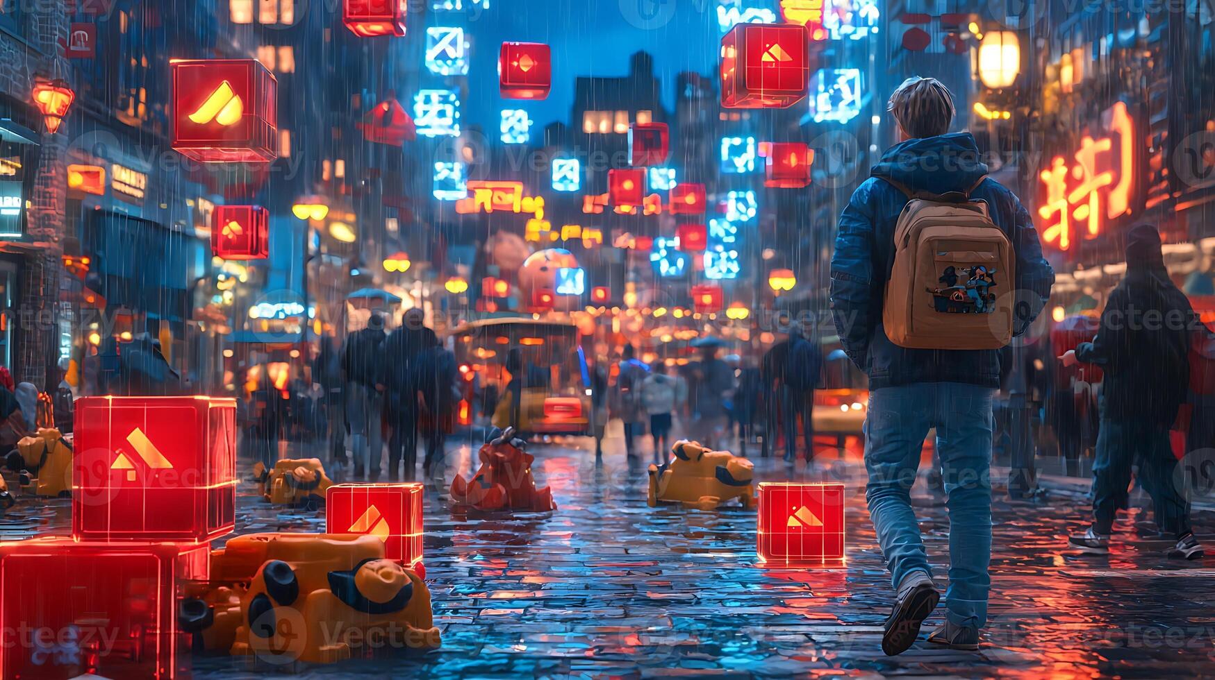 A man walking down a street with neon lights photo