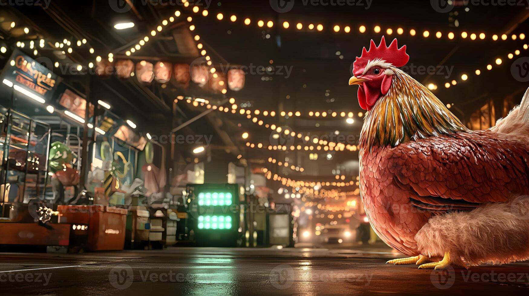 A rooster stands in the middle of a city street photo
