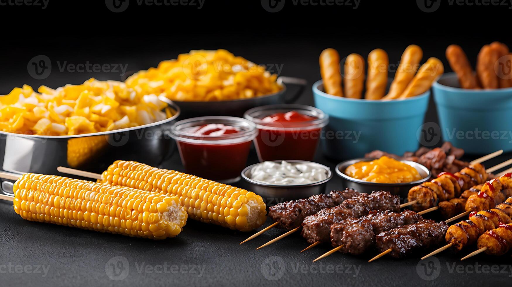 A variety of food items including corn, corn on the cob, and fries photo