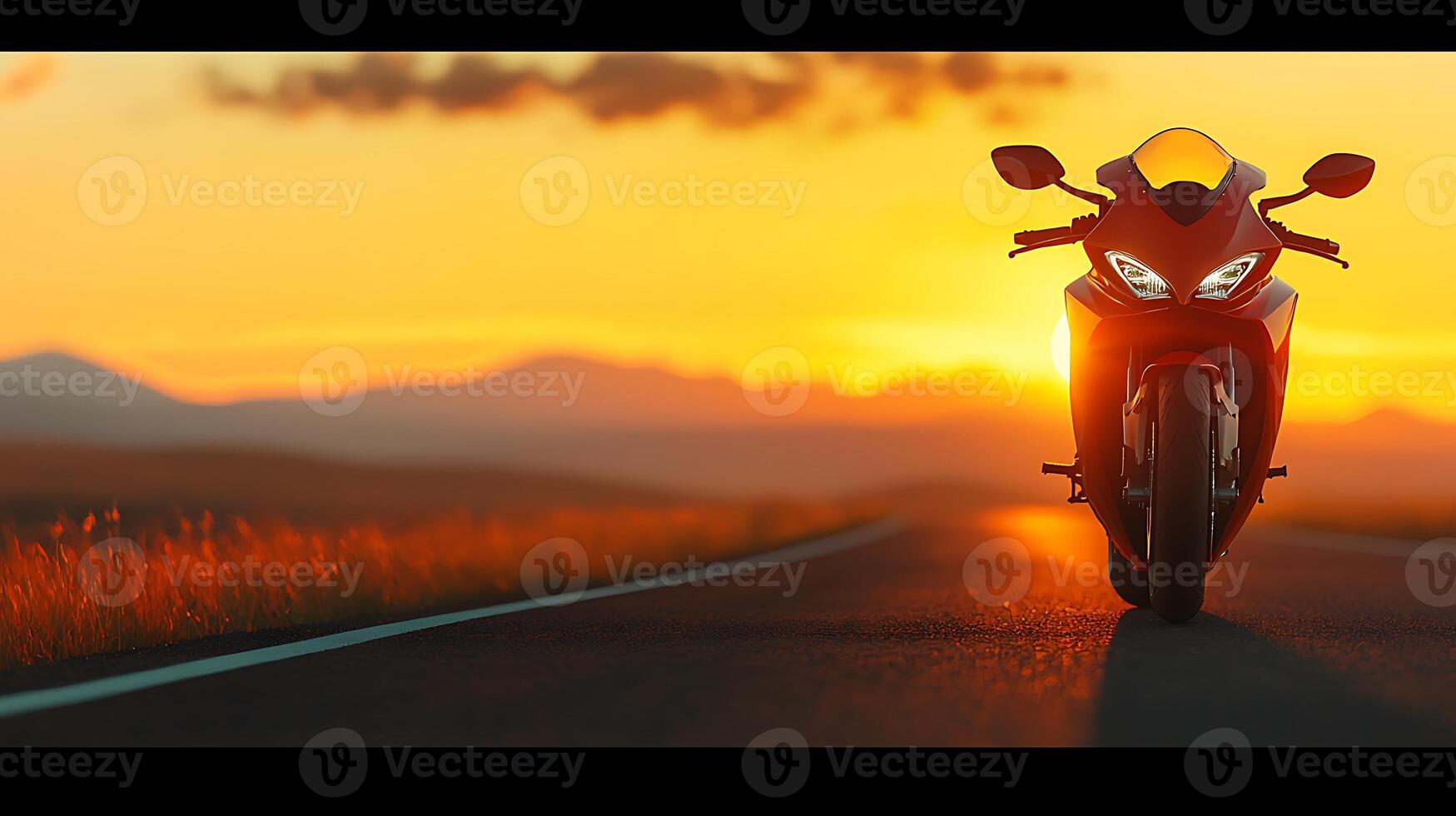 A motorcycle is parked on the side of the road photo