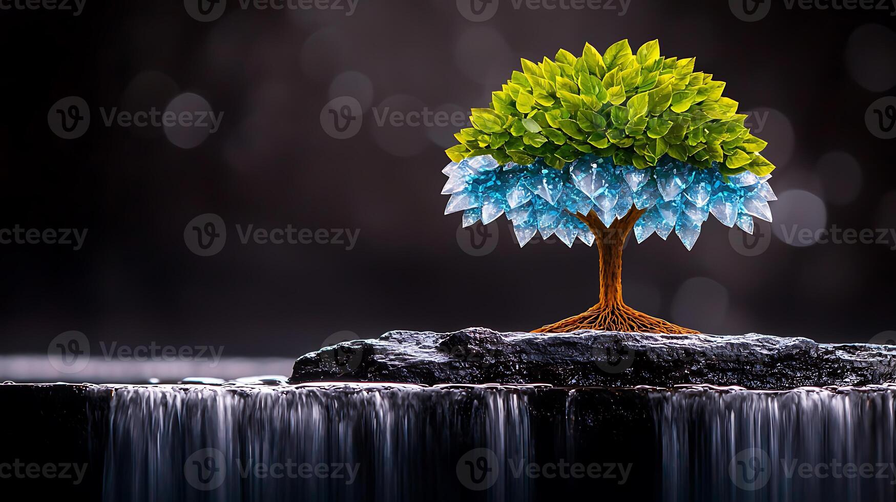 A tree with leaves growing out of it on top of a rock photo