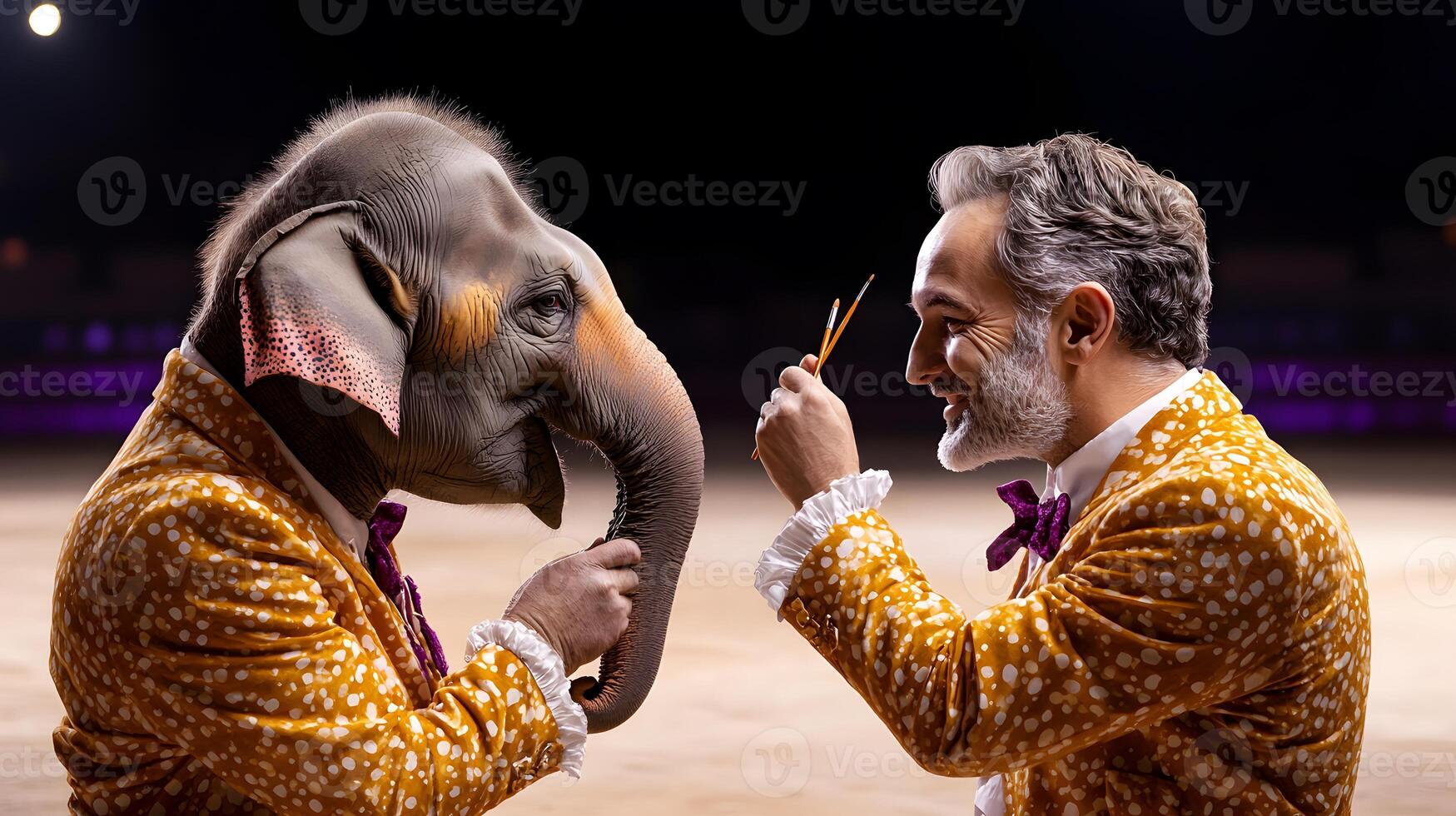 Two men in suits are holding an elephant's head photo