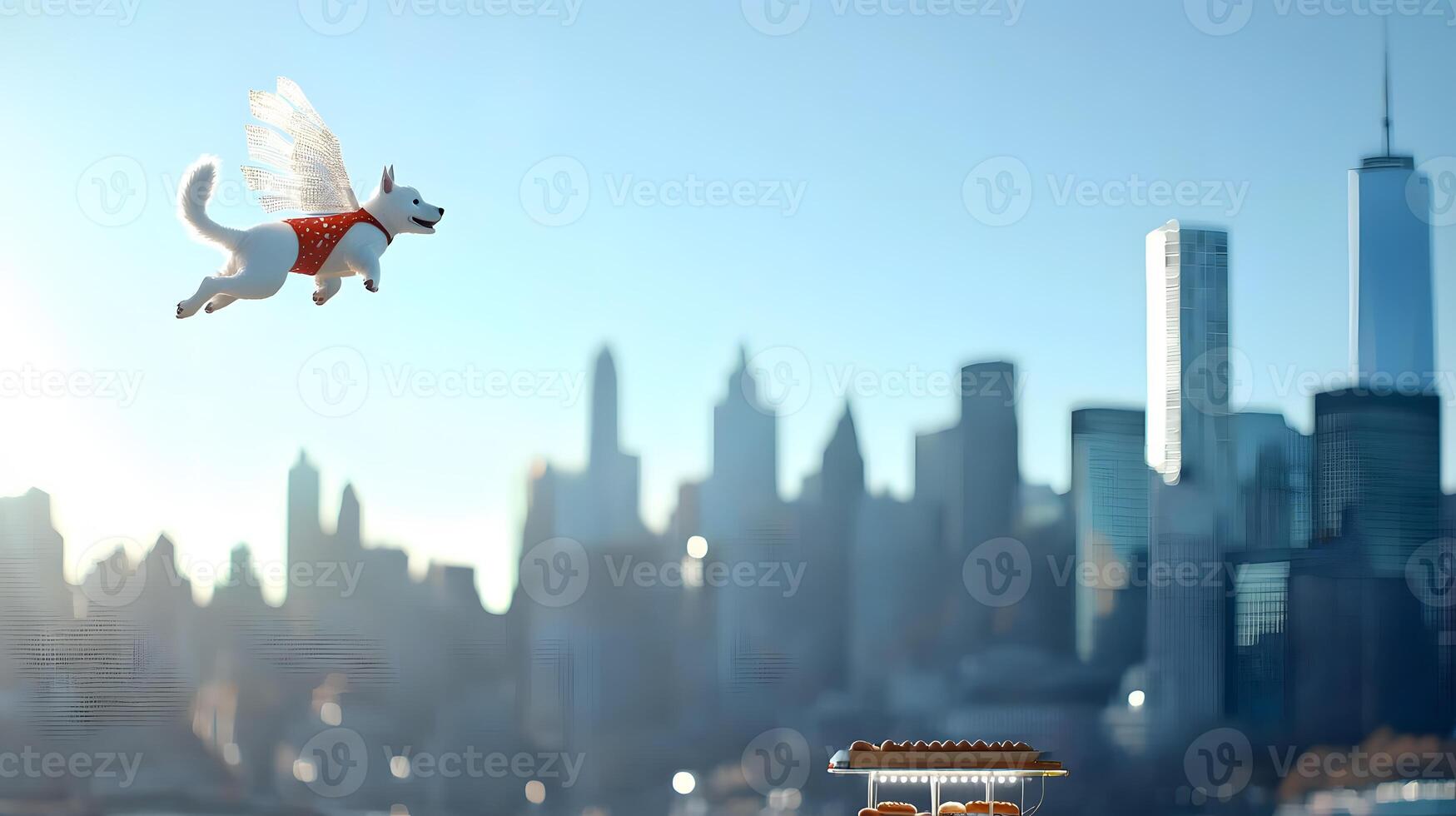 A dog flying over a city with a city in the background photo