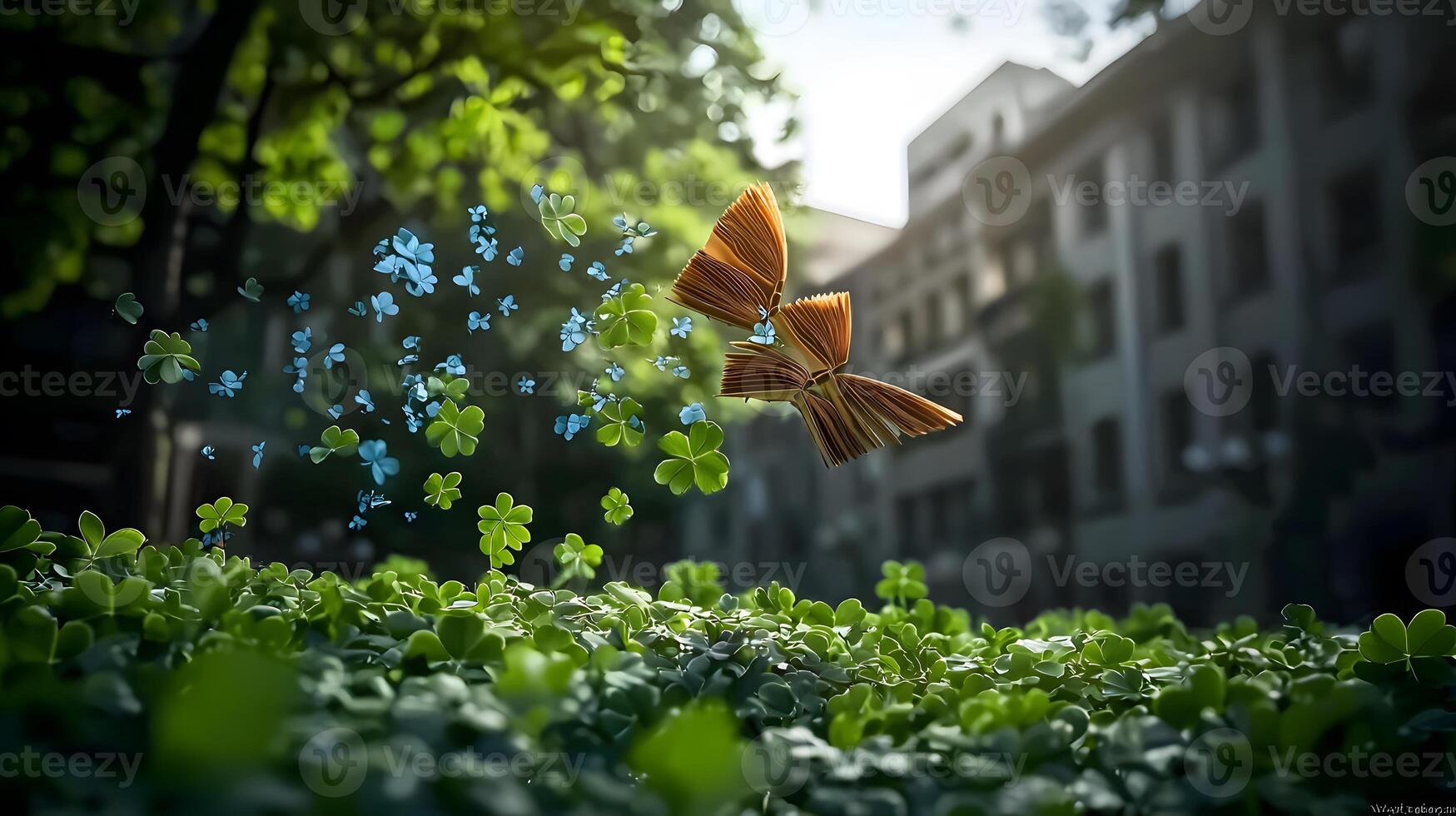 A butterfly flying over a green field with blue flowers photo