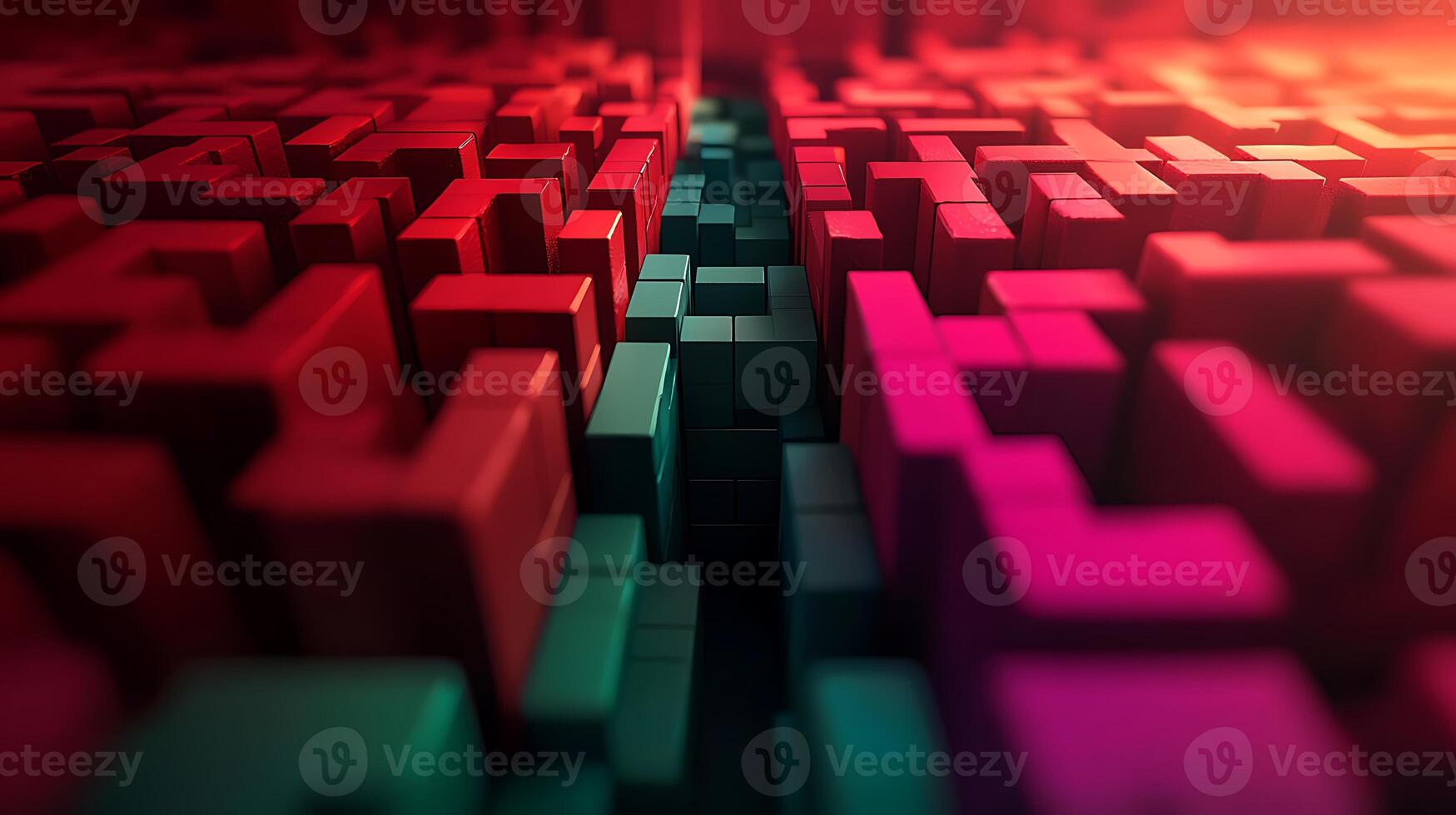 A red and blue maze with a red light photo