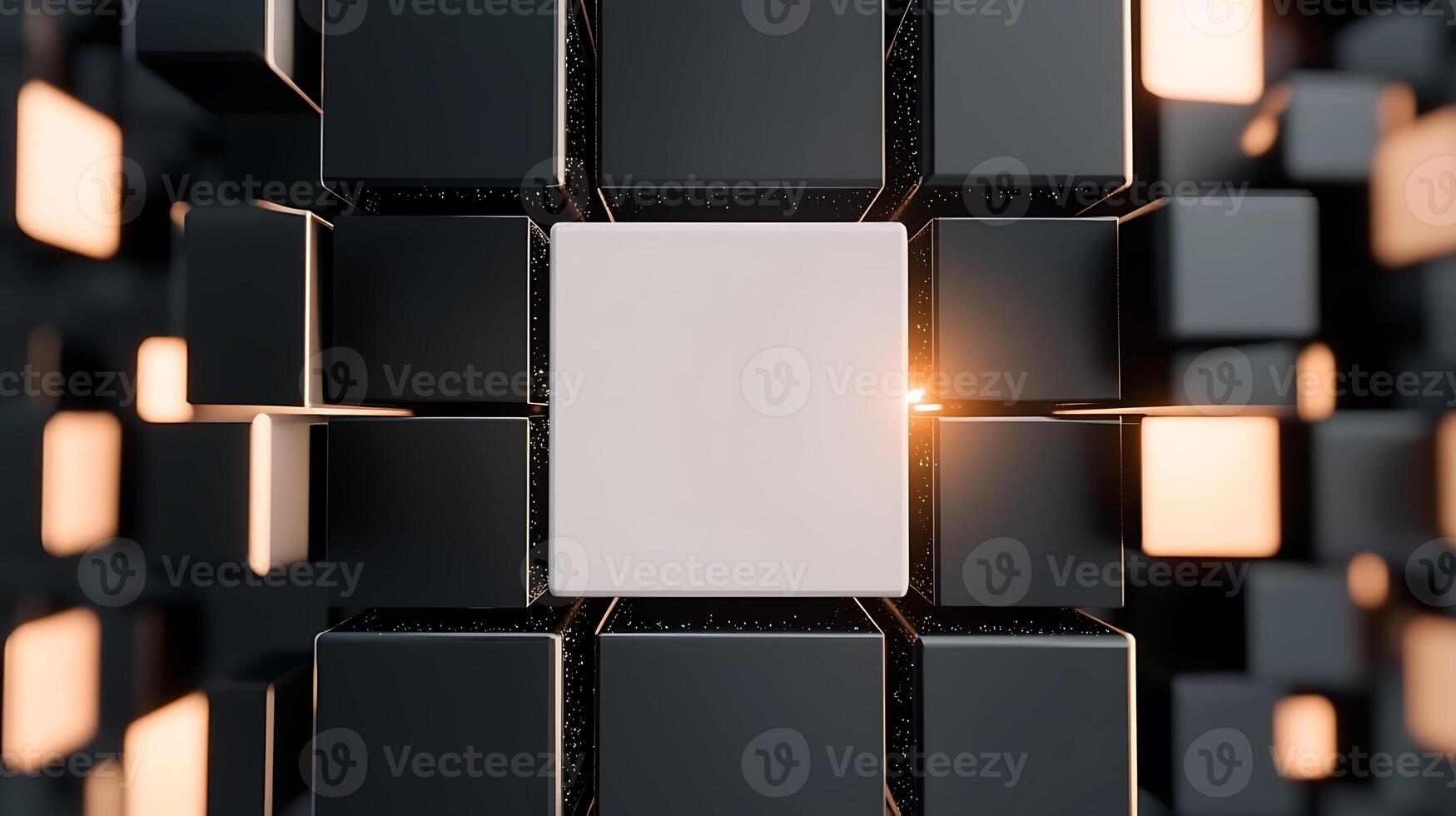 A square white card is surrounded by black cubes photo