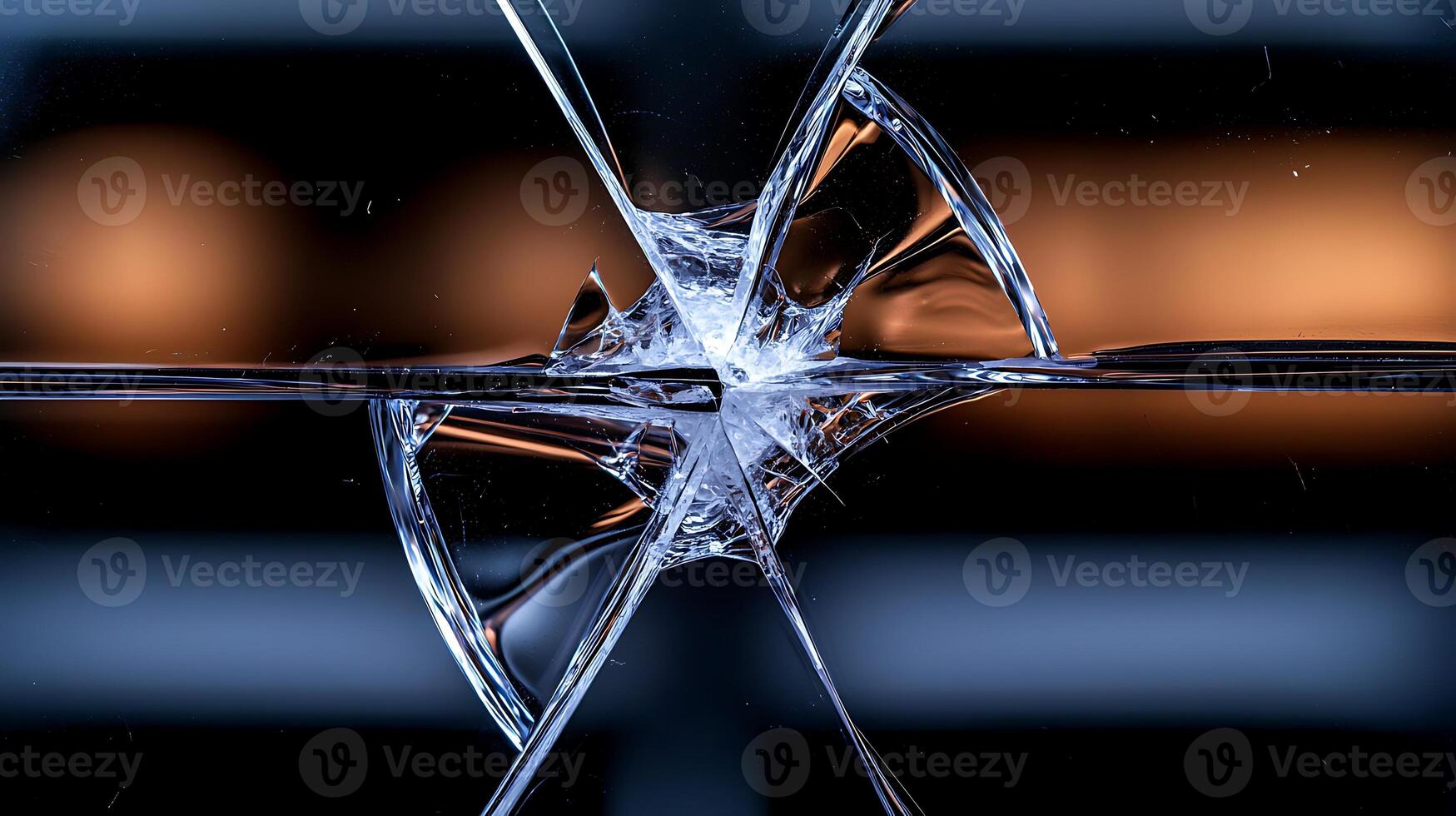 A broken glass window with a reflection of a light photo