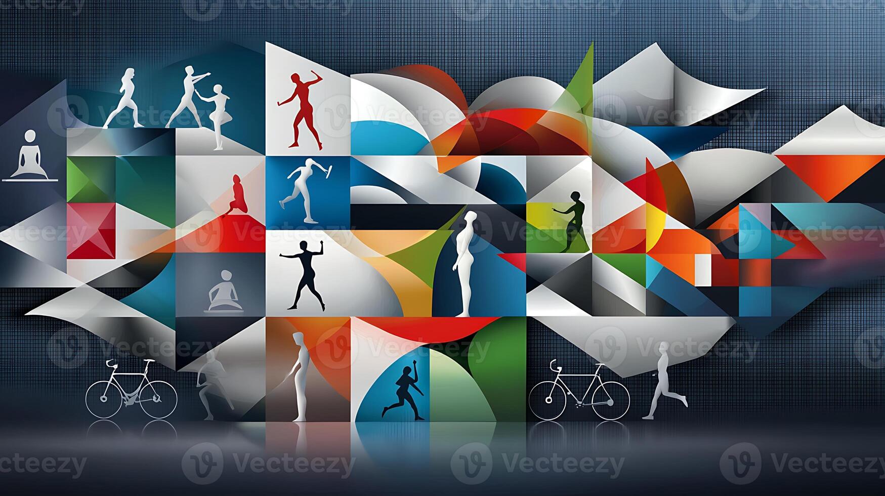 Abstract illustration of people and objects in a colorful pattern photo