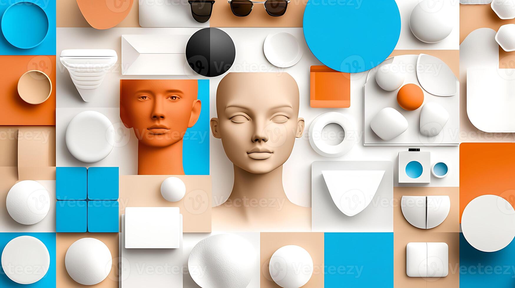 A mannequin head surrounded by various objects photo