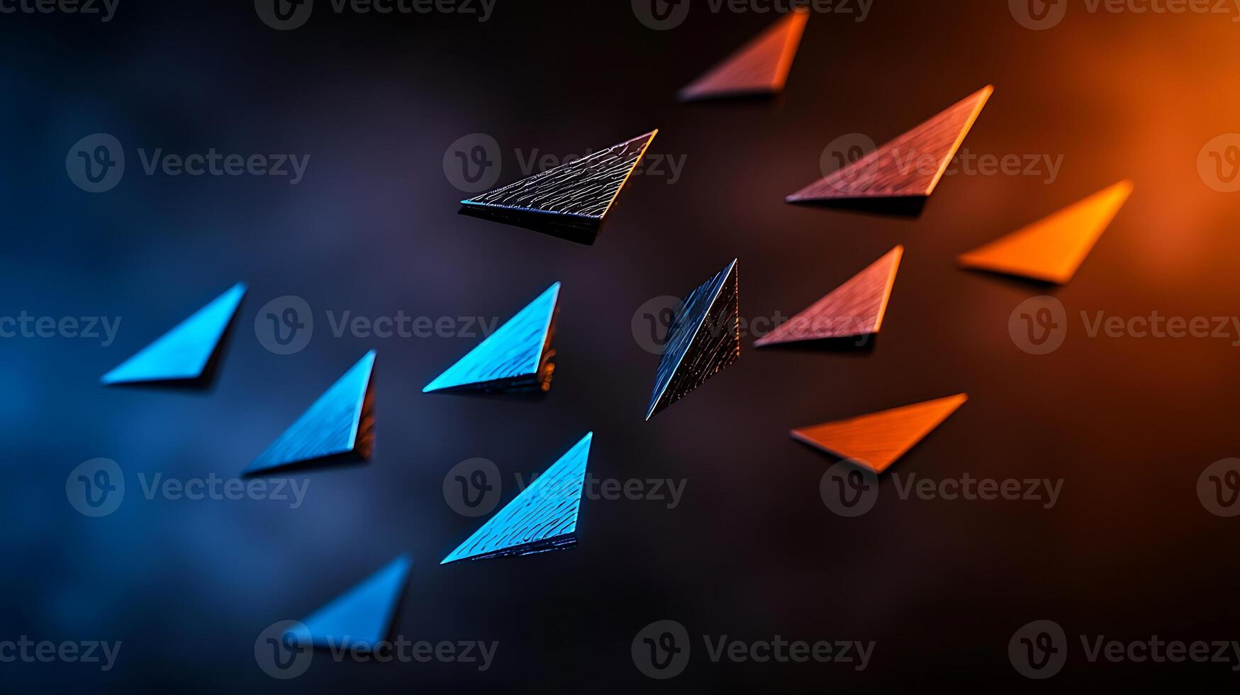 3d rendering of triangles flying in the air photo
