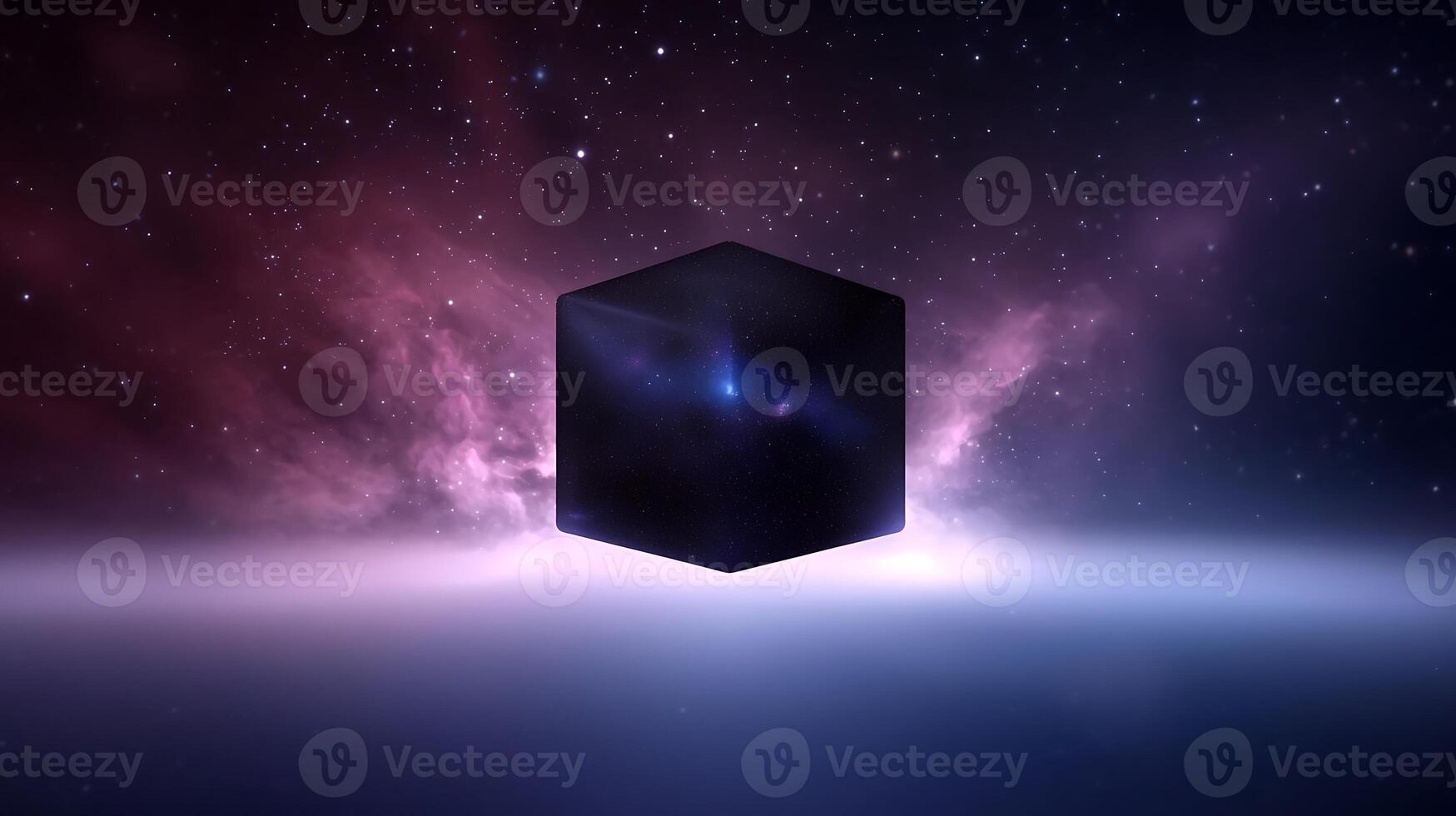 A cube with a purple background and stars photo