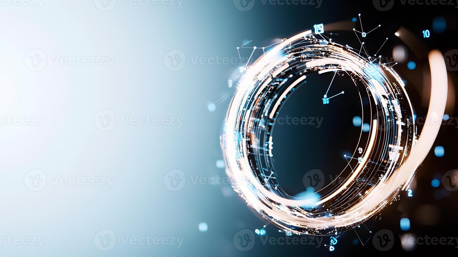 A circular light is shown in the middle of a dark background photo