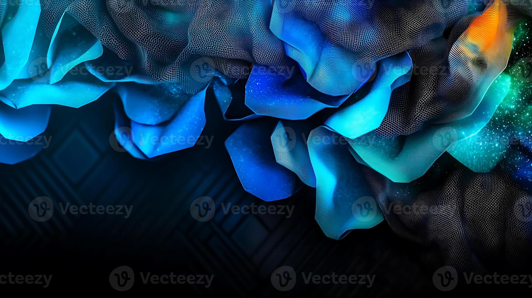A blue and black abstract background with a flower photo