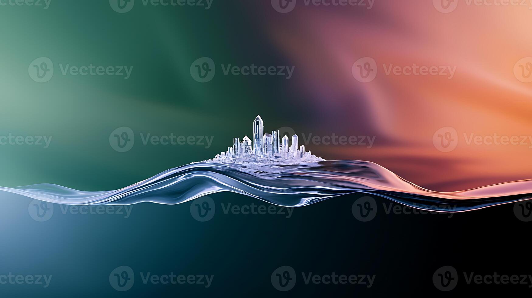 A city floating in the water with a wave photo