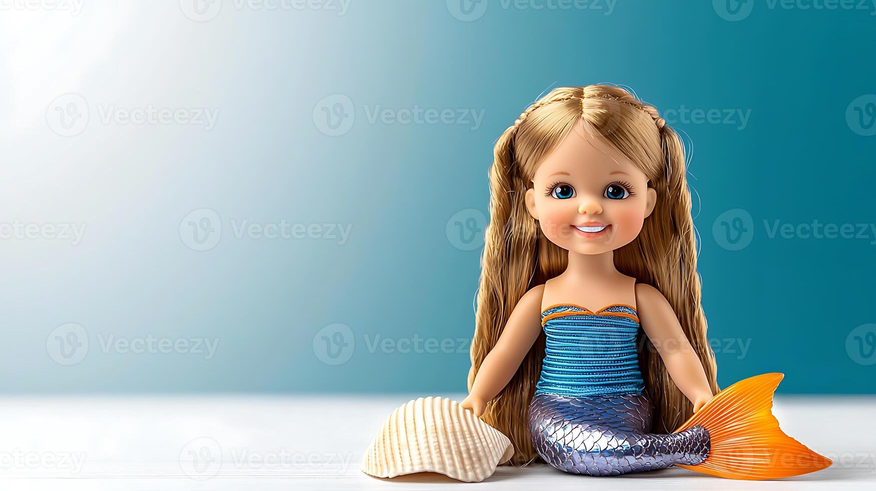 A mermaid doll with long hair and a shell photo