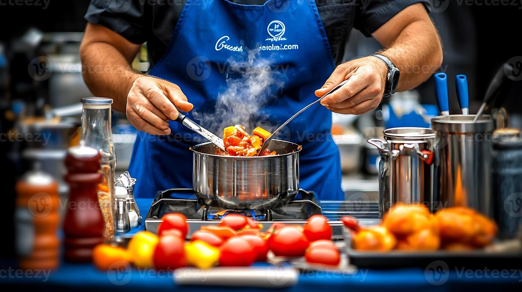 A chef is cooking food in a pot on a stove photo
