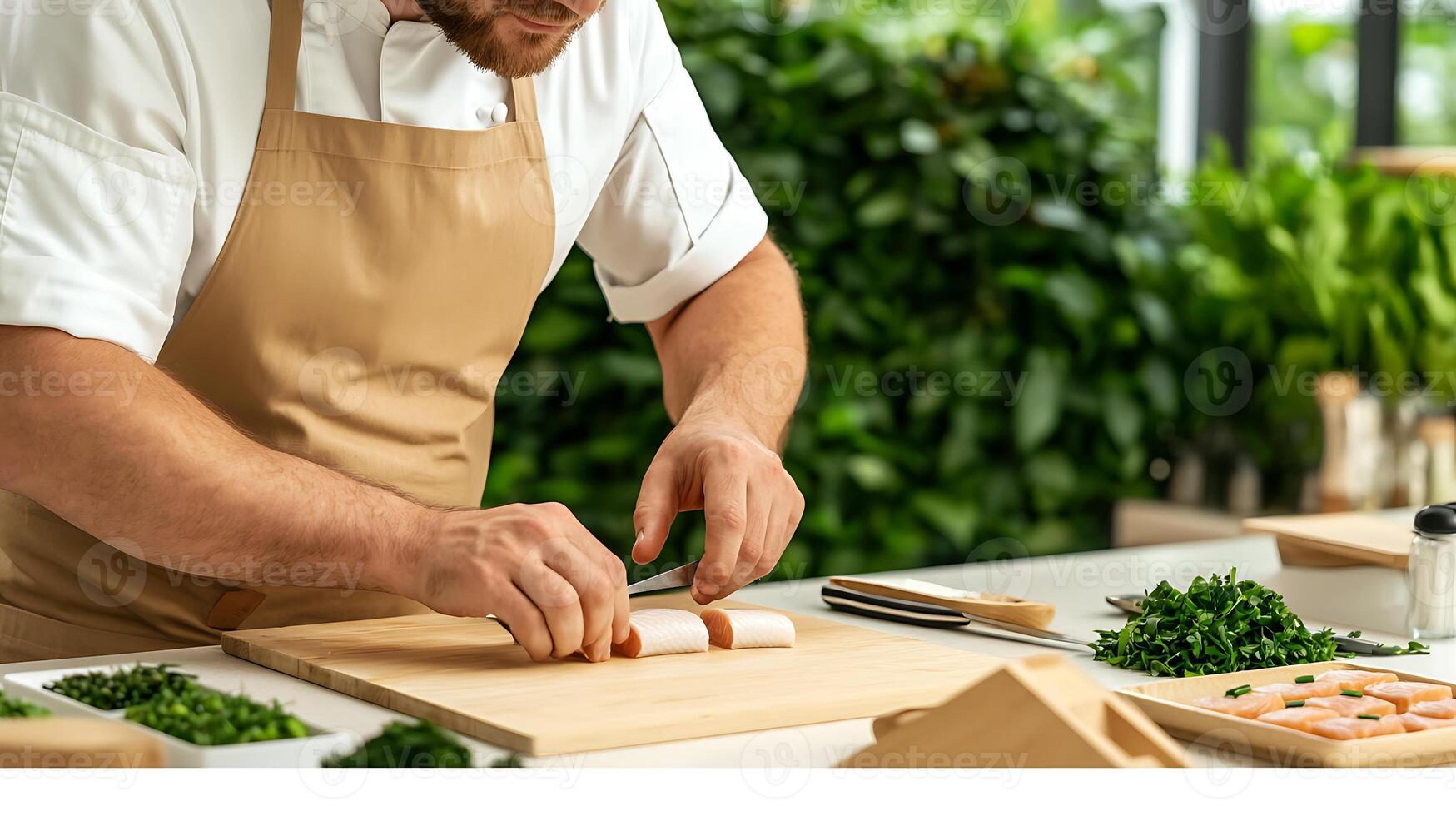 A man in an apron is cutting meat on a cutting board photo