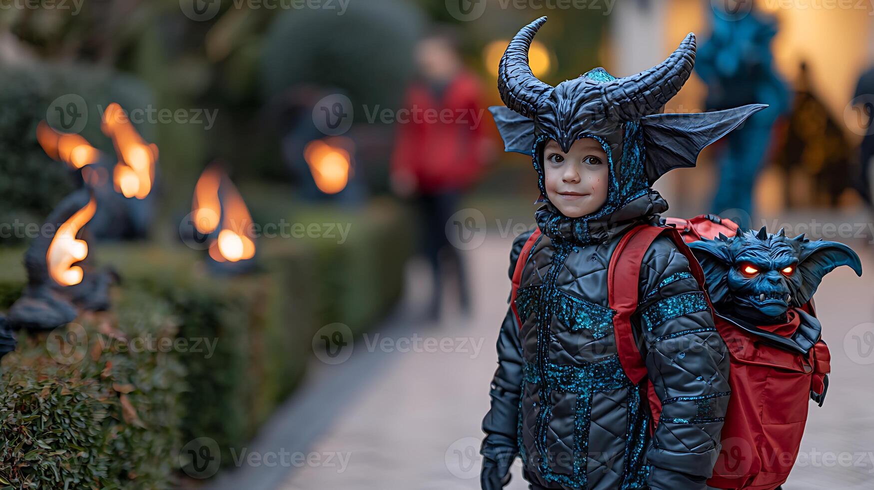 A child wearing a costume with horns and a backpack photo