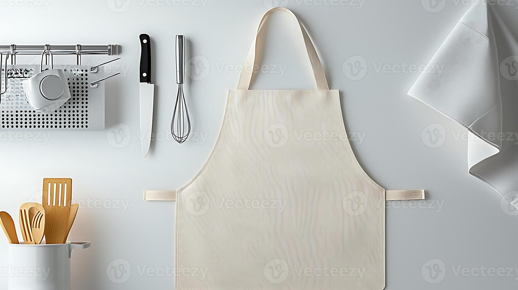 A white kitchen apron with utensils and a knife photo