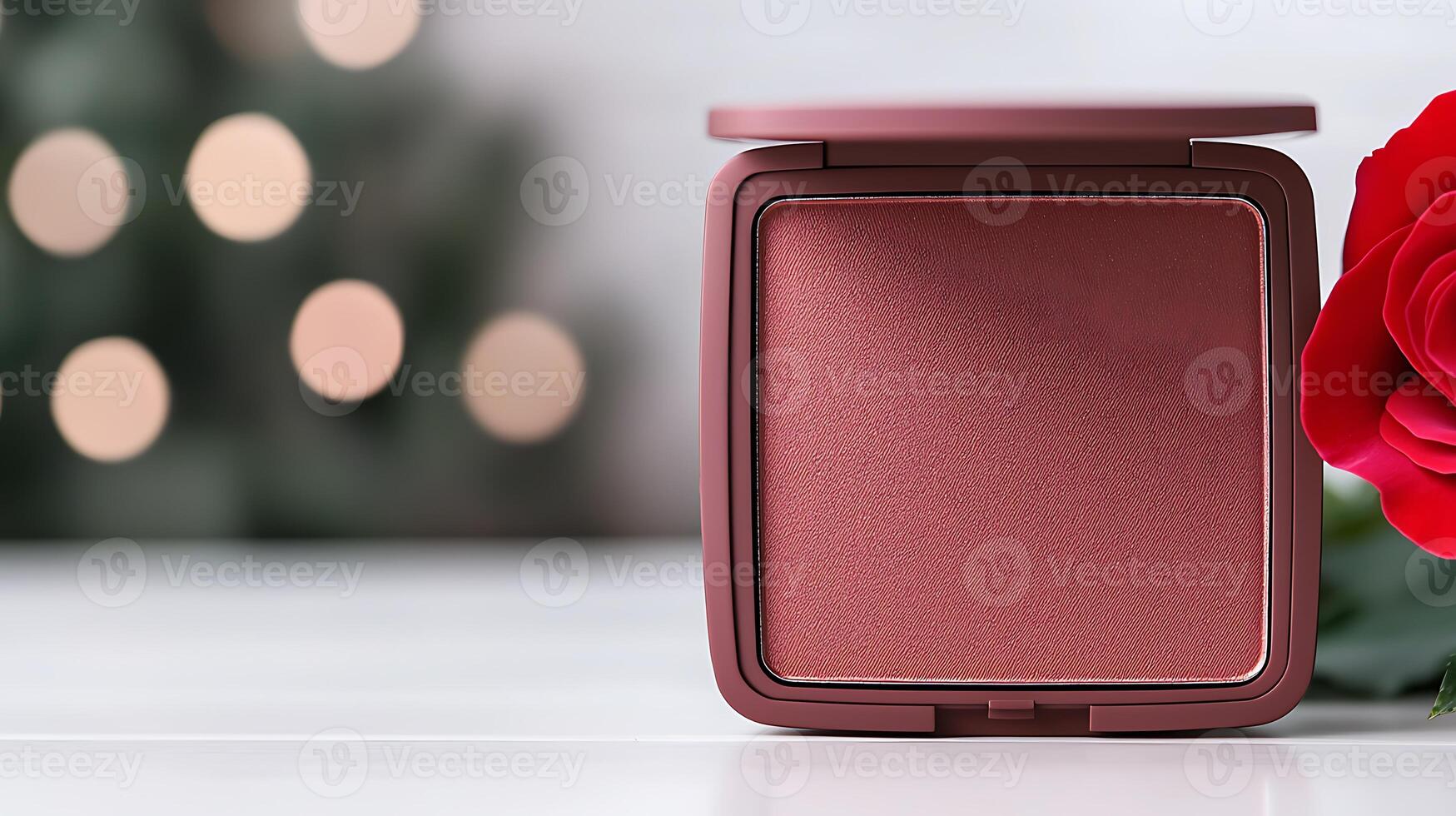 A rose sits next to a compact blush blush photo